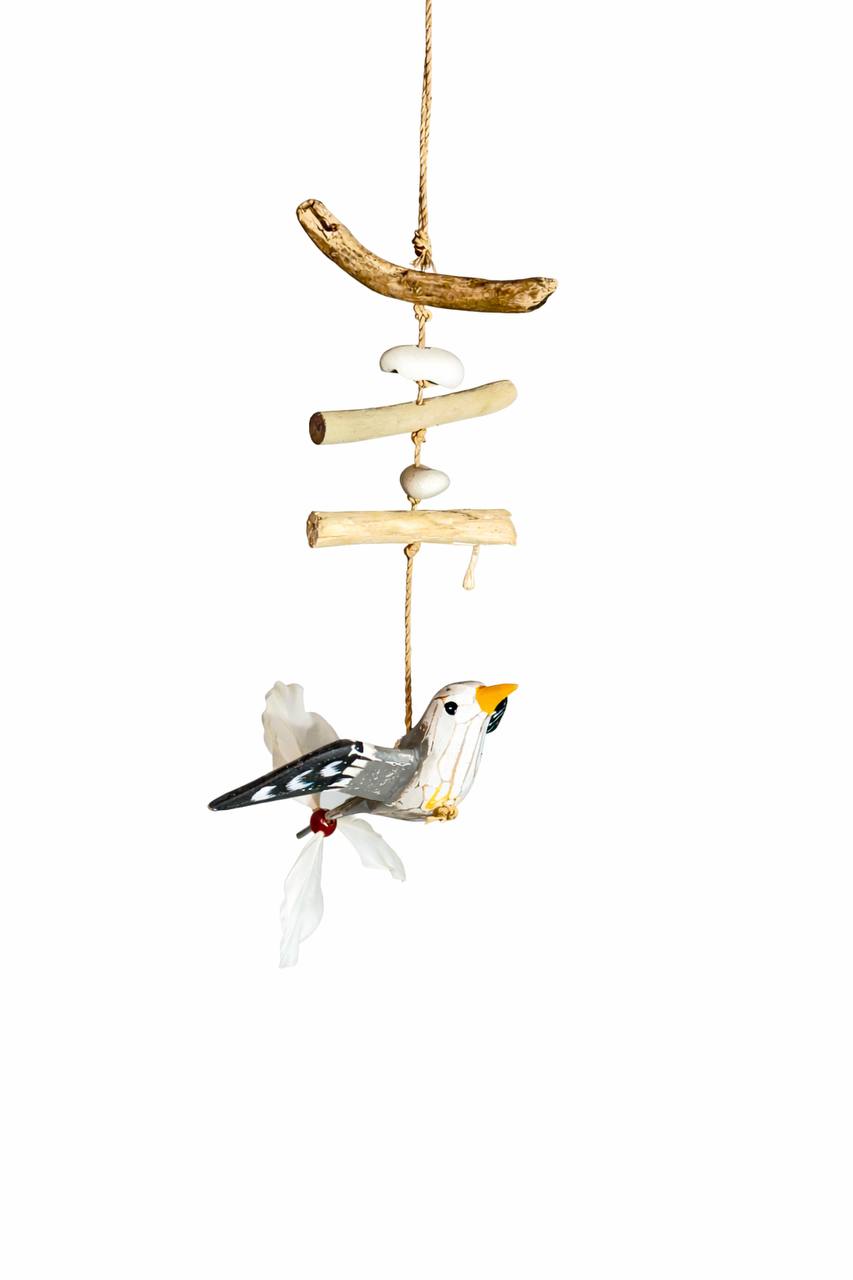 Wind chime made of driftwood (White and grey gull)
