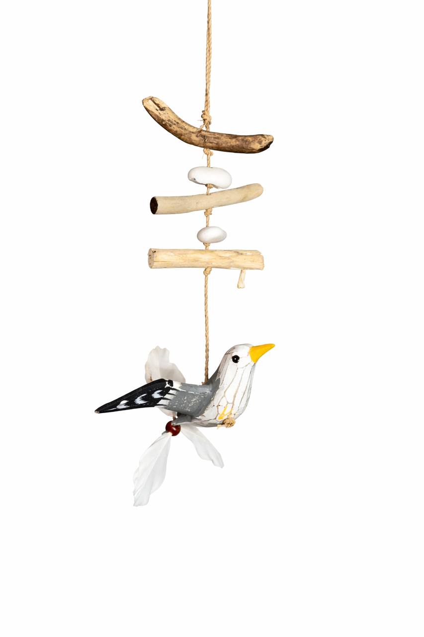 Wind chime made of driftwood (White and grey gull)