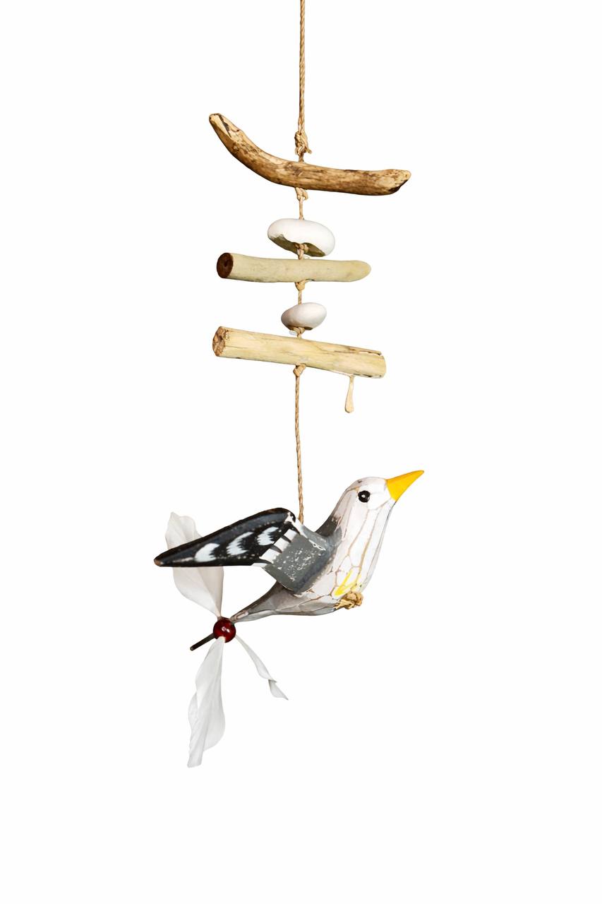 Wind chime made of driftwood (White and grey gull)