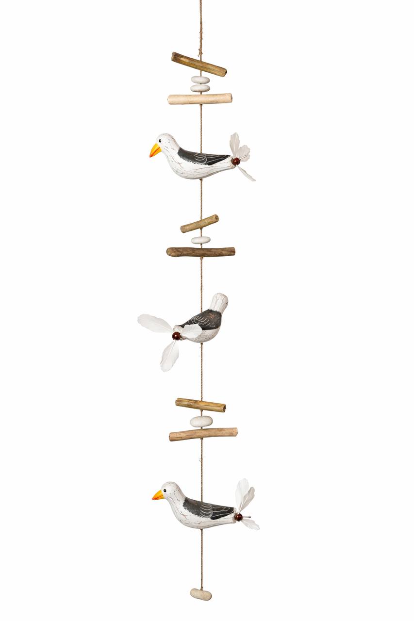 Wind chime made of driftwood (White and grey gull)