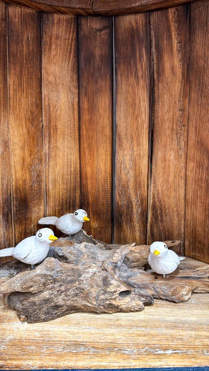 Holzfiguren „Vögel auf Wurzelholz“ (3er Set)