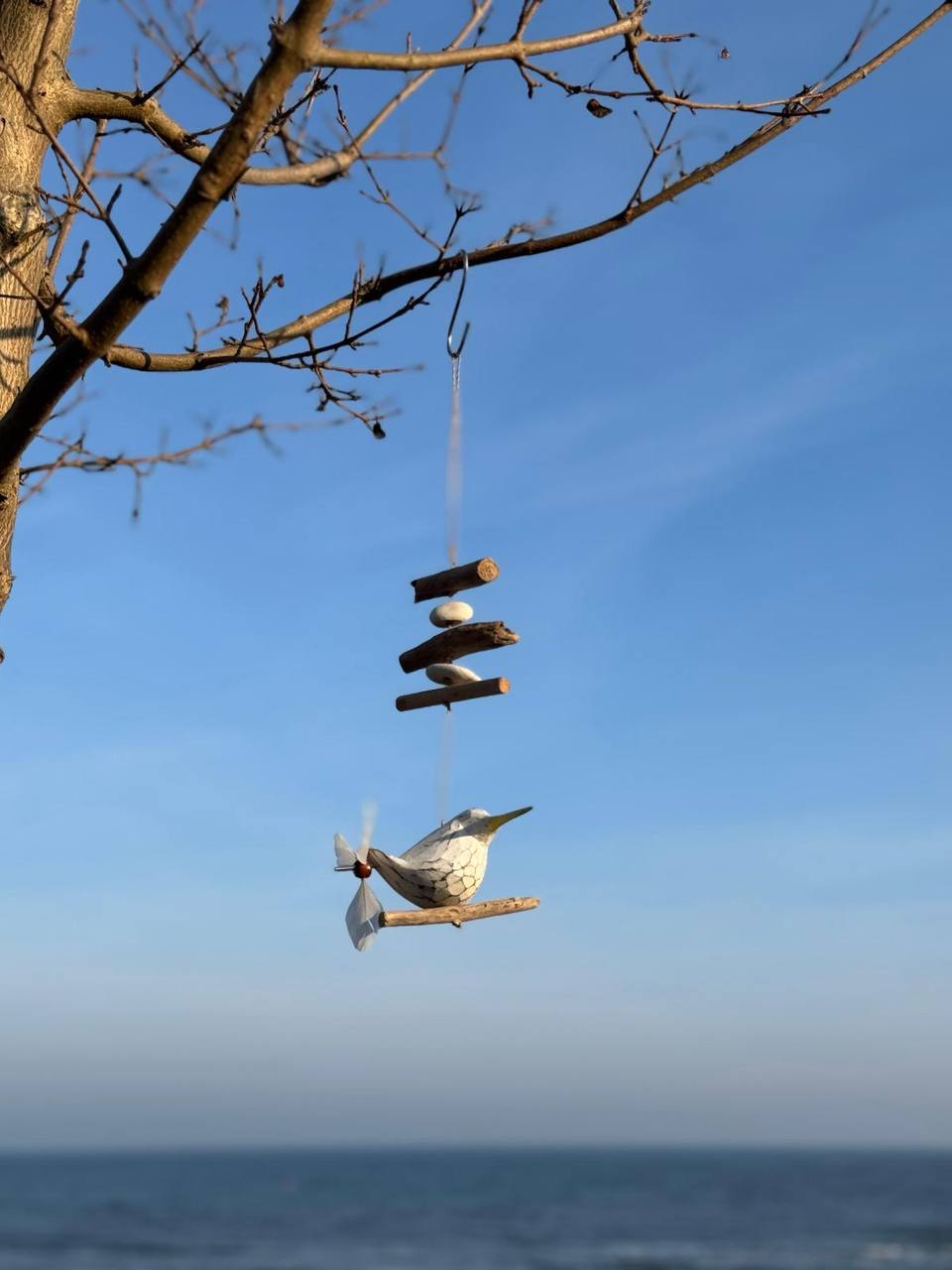 Wind chime made of driftwood (White Gull)