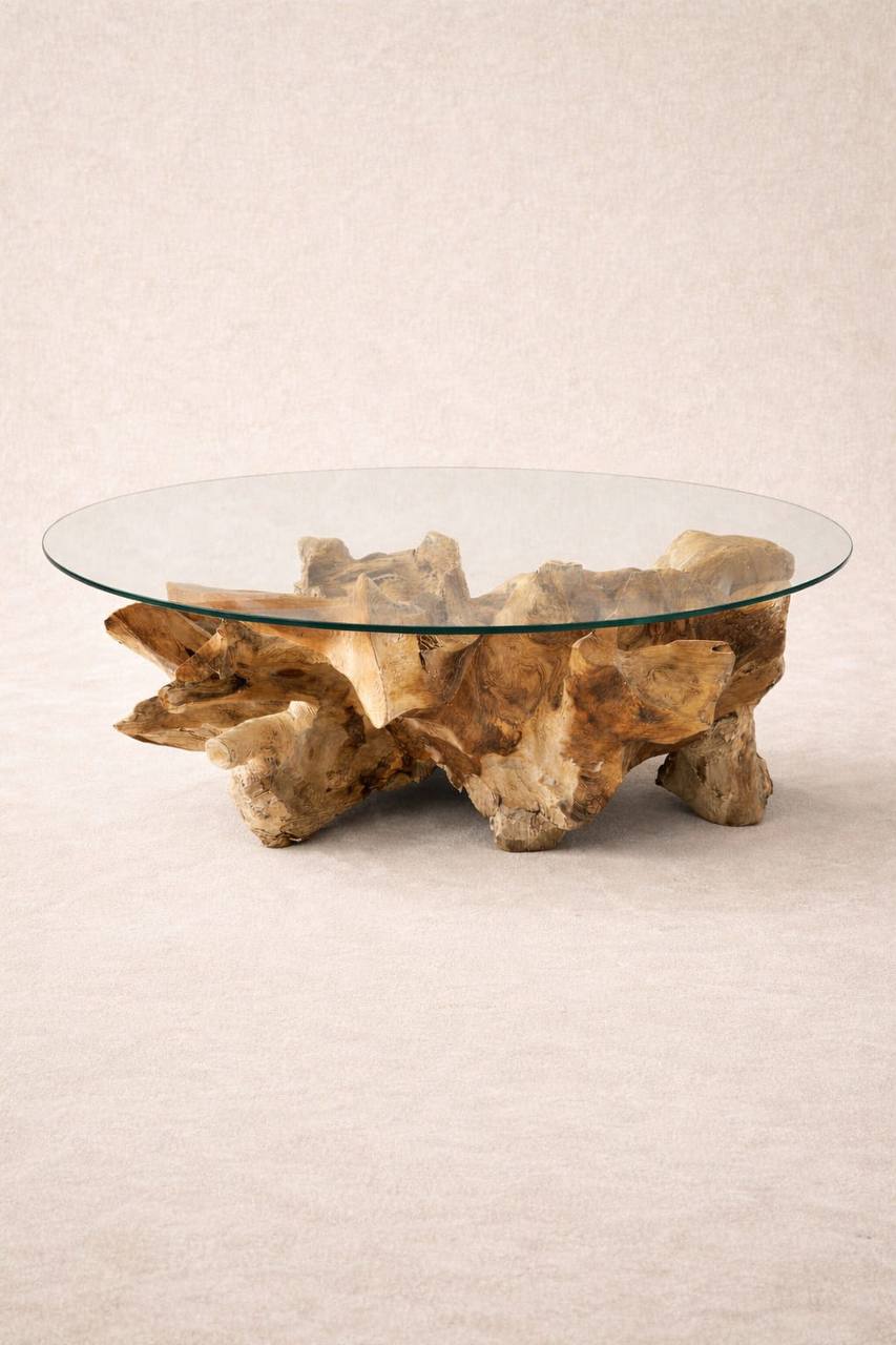 Couchtisch aus Teakholz-Wurzel mit Glasplatte