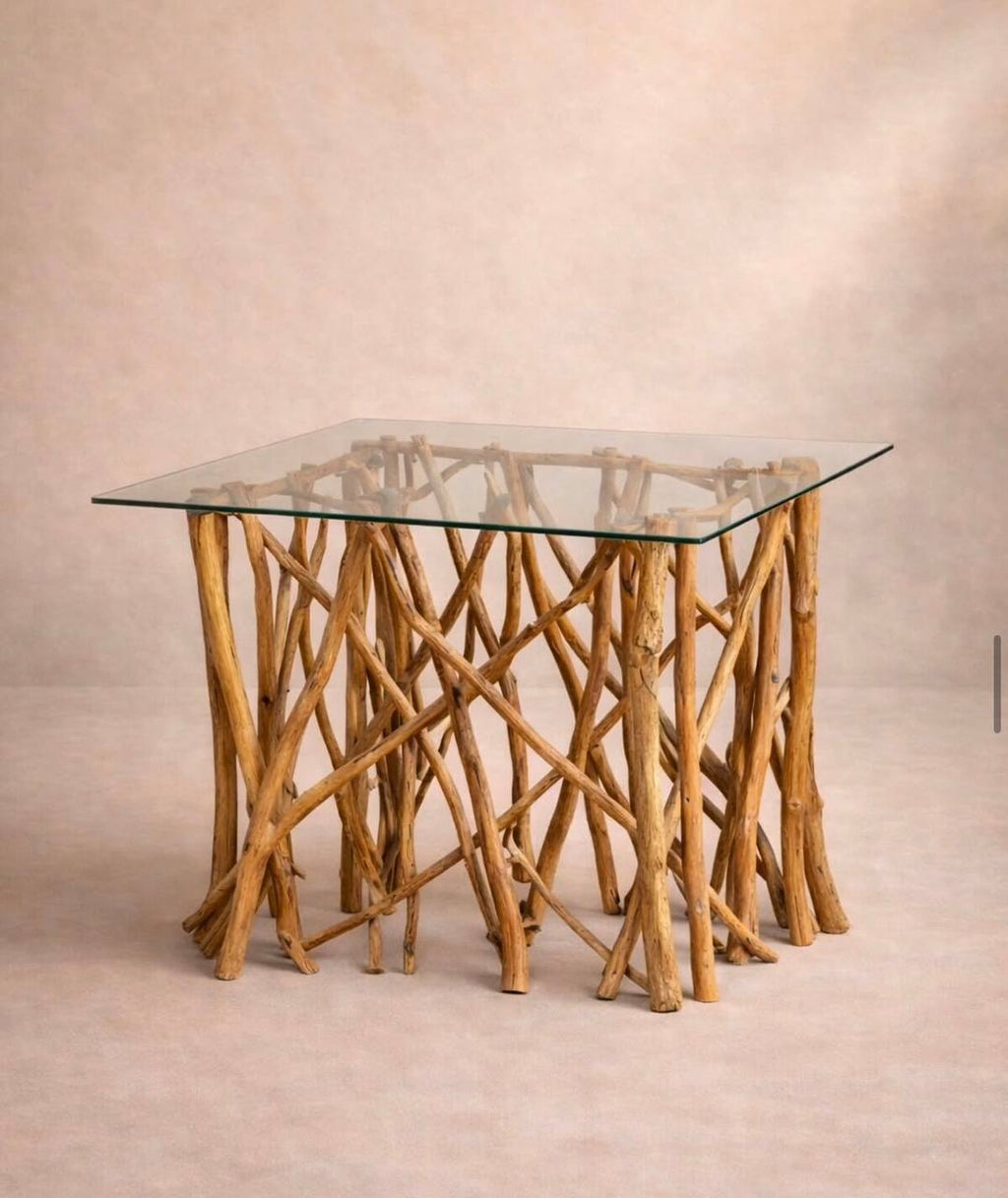 Tisch aus Teakholz-Ästen mit Glasplatte