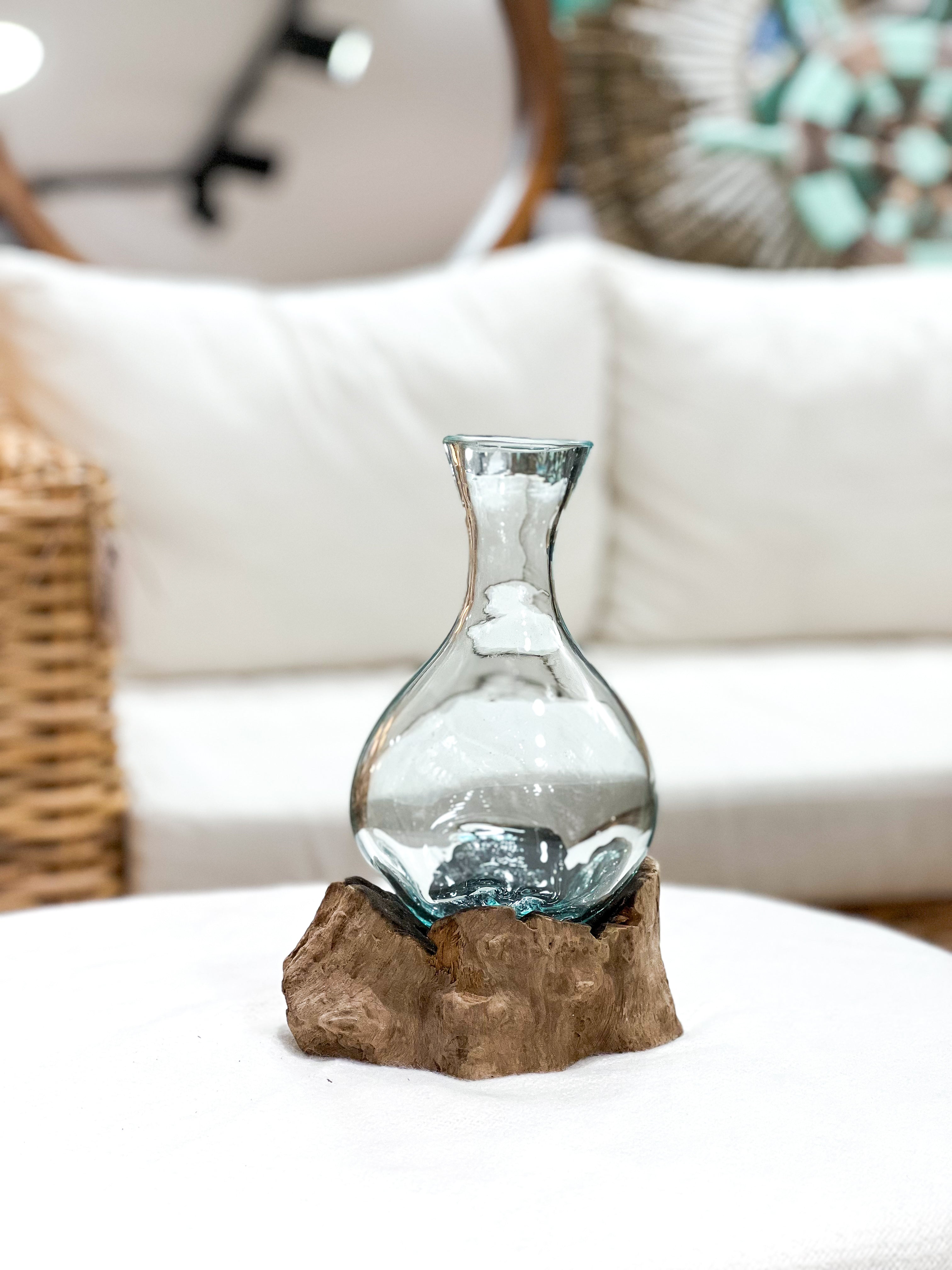 Handmade glass vase with natural wood accent