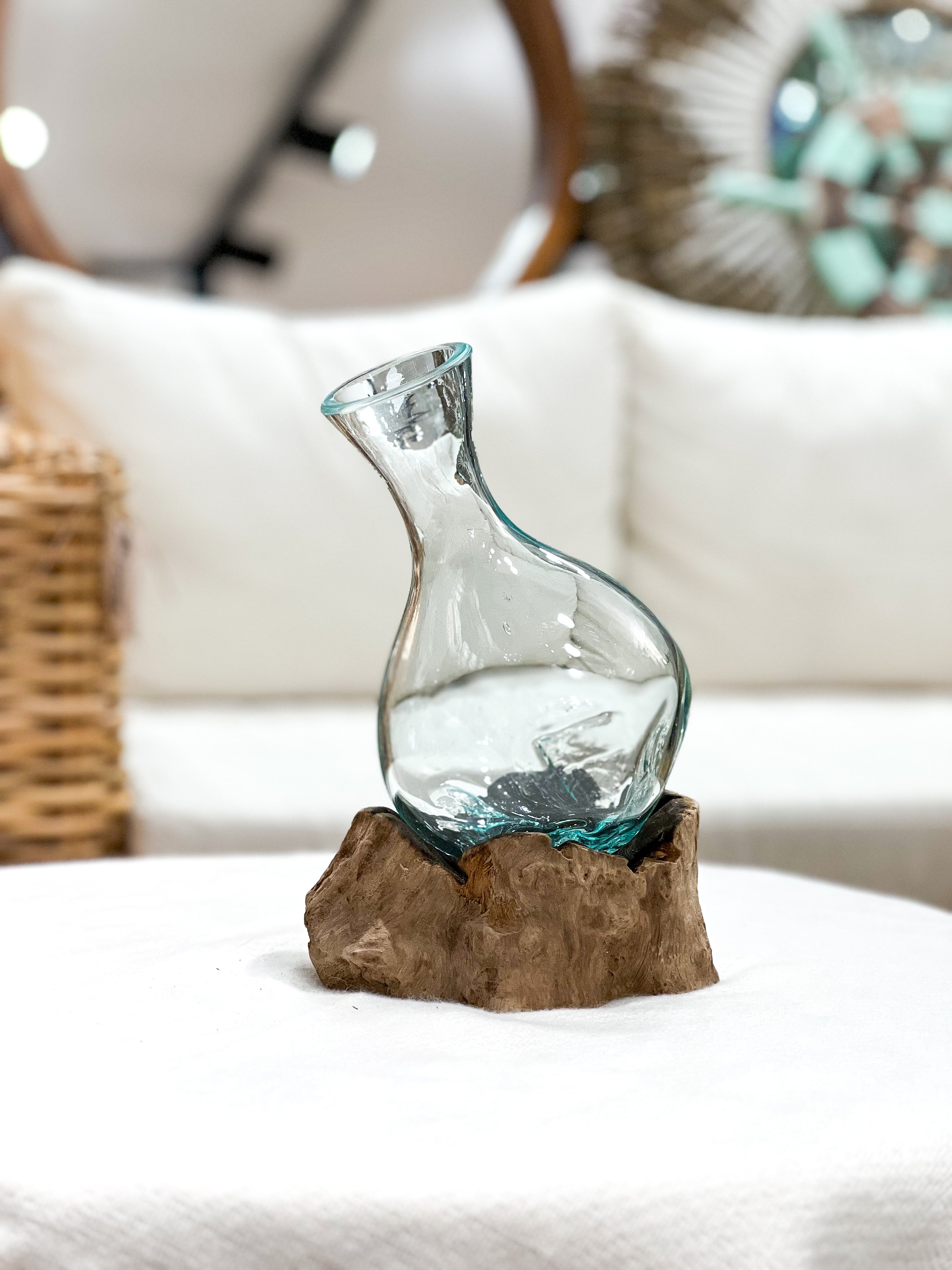 Handmade glass vase with natural wood accent