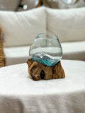 Handmade glass vase with natural wood accent 
