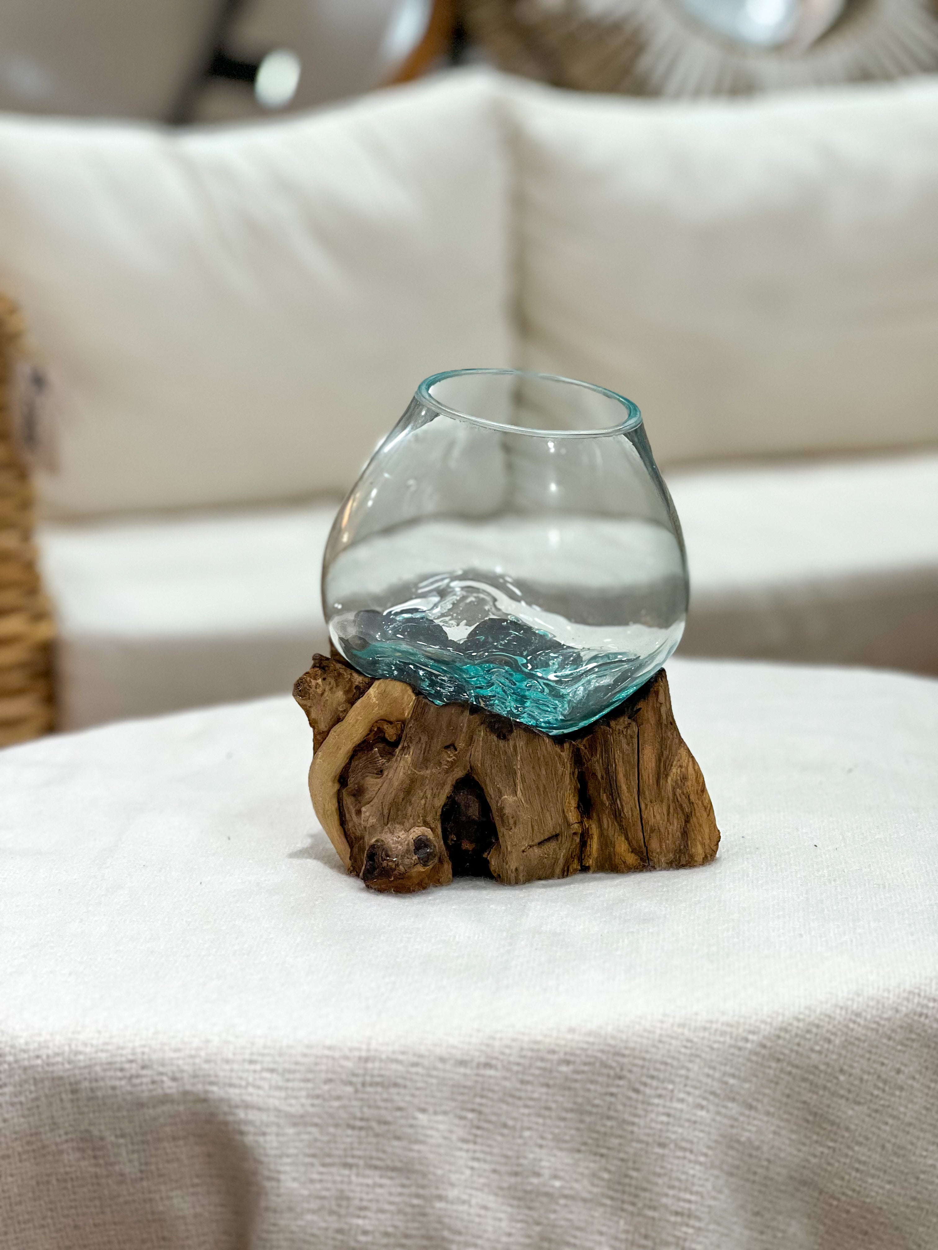 Glass vase with natural wood accent