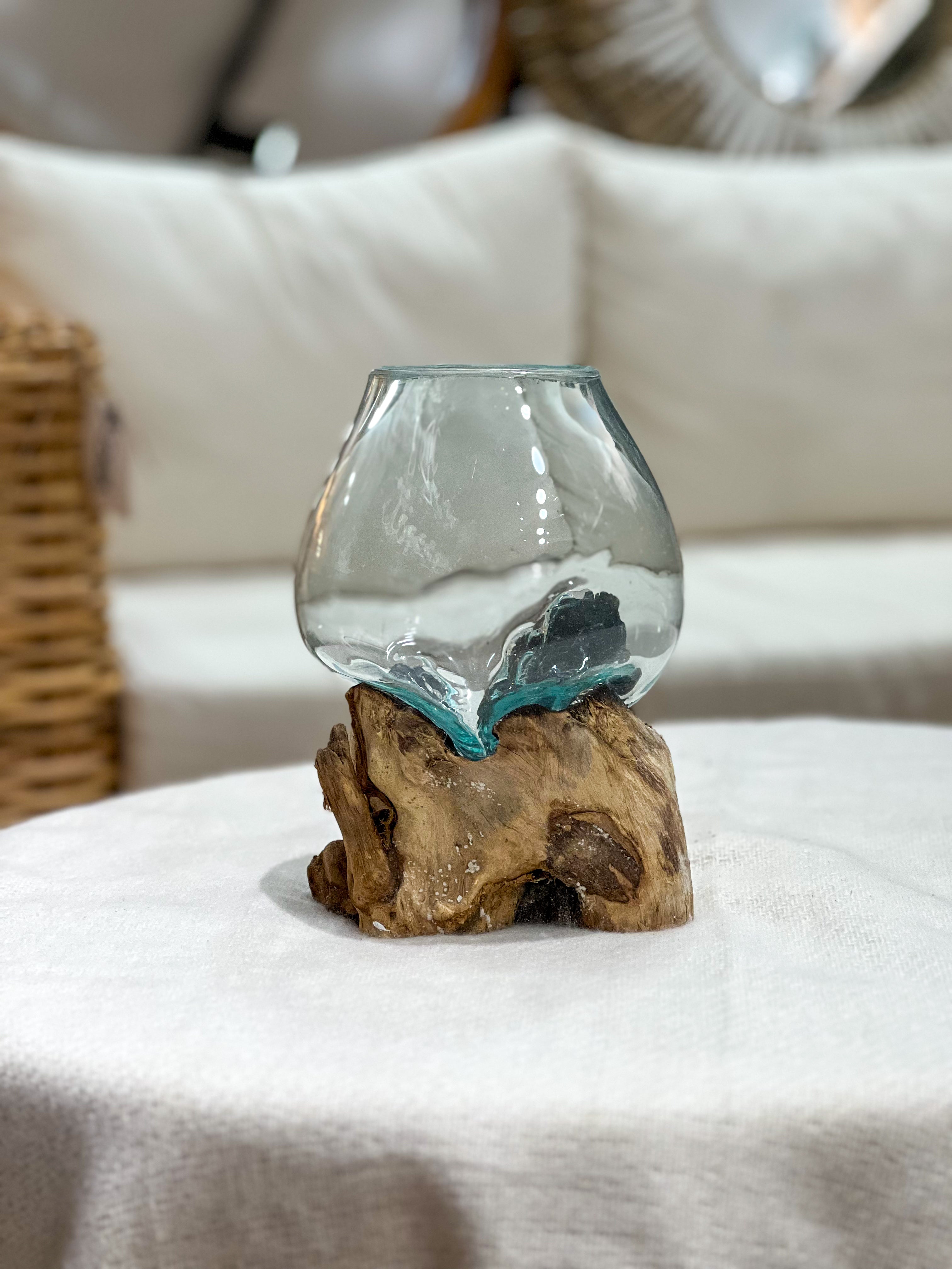 Handmade glass vase with natural wood accent 