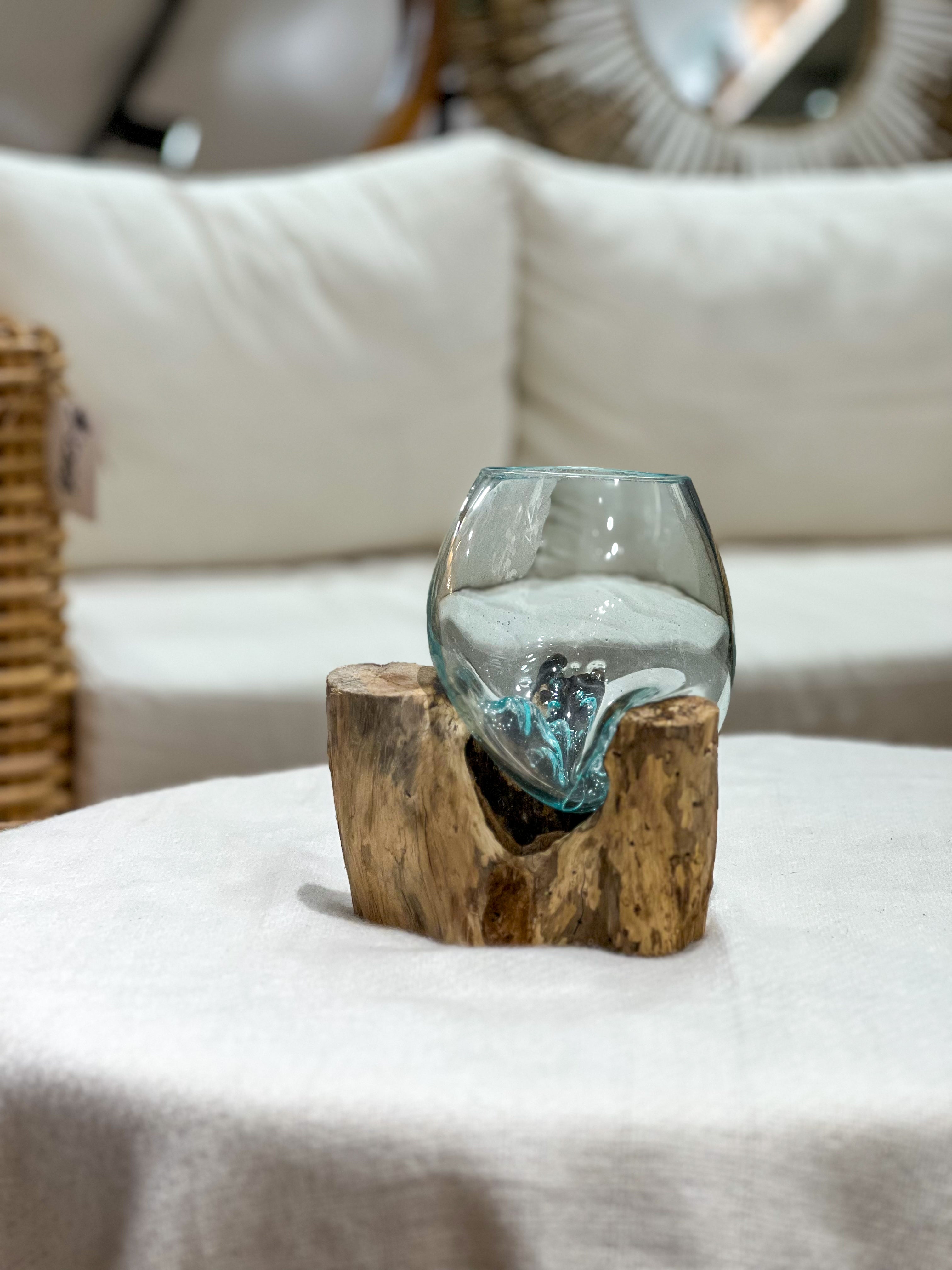 Glass vase with natural wood accent