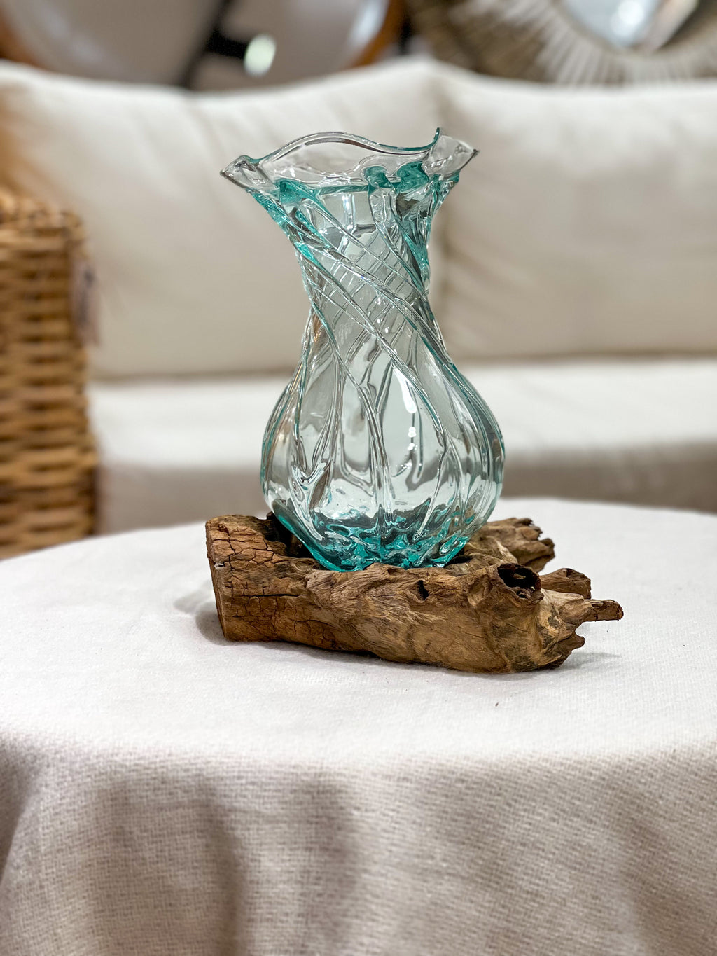 Glass vase with natural wood accent