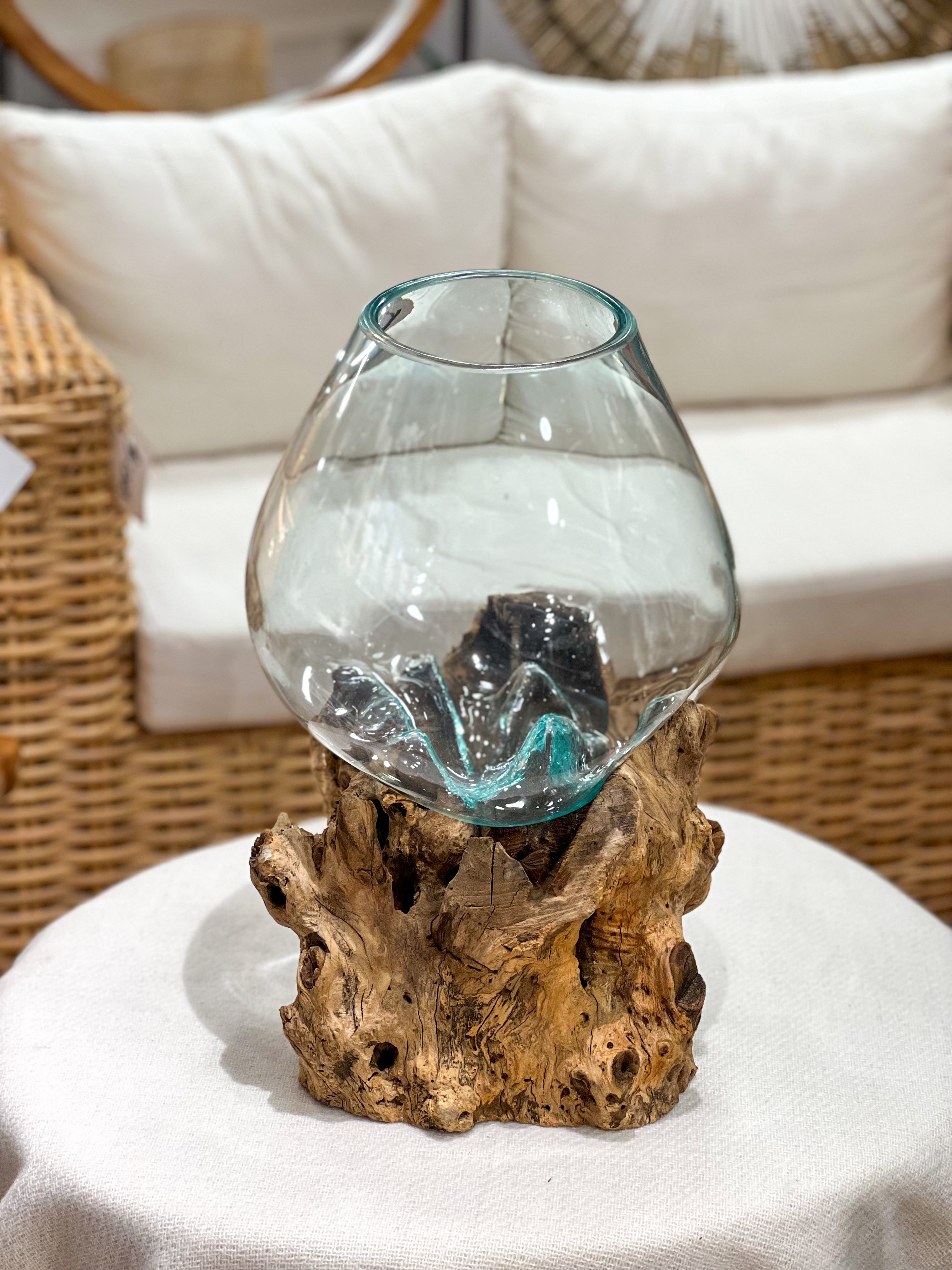 Glass vase with natural wood accent