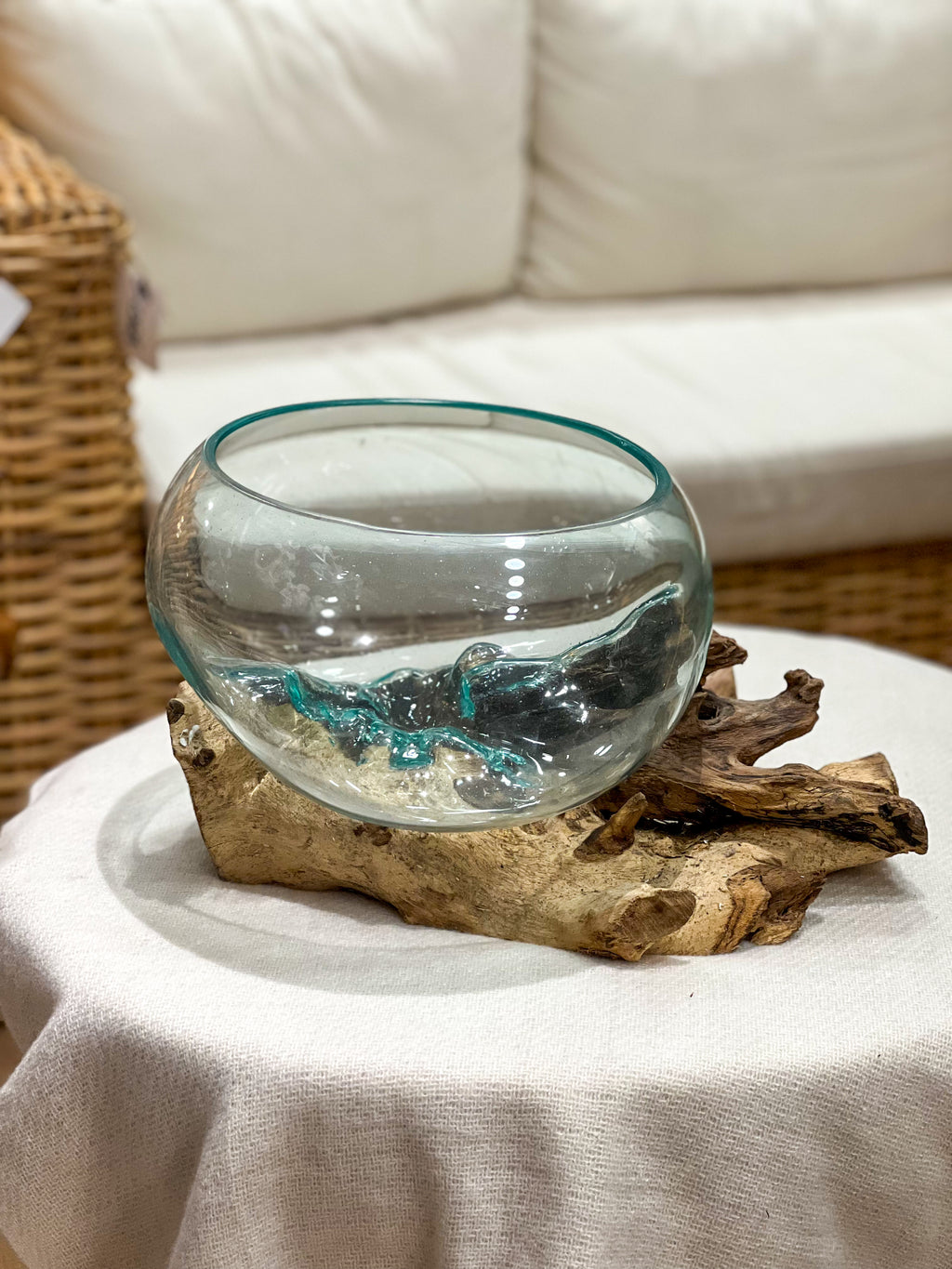 Handmade glass vase with natural wood accent