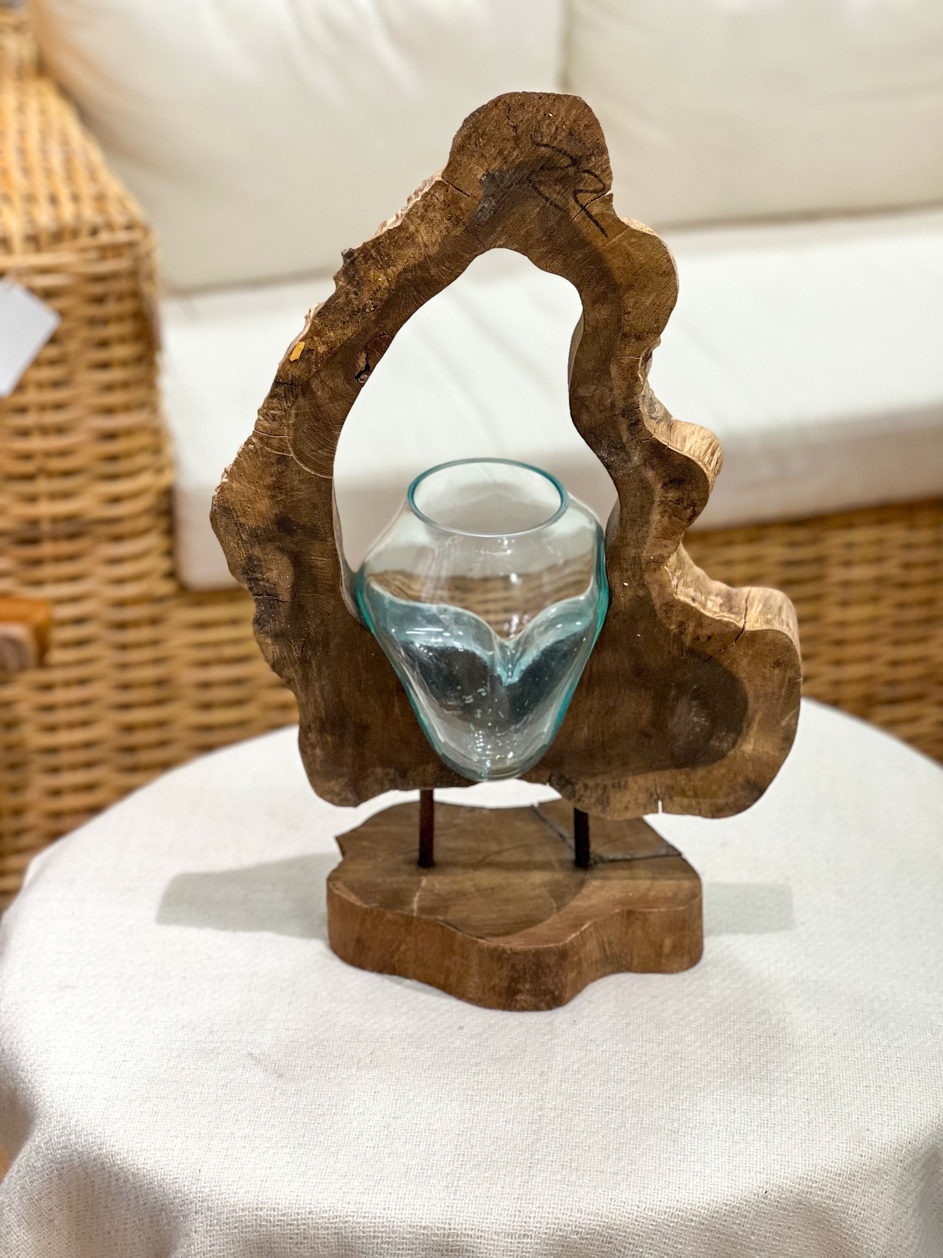 Glass vase with natural wood accent