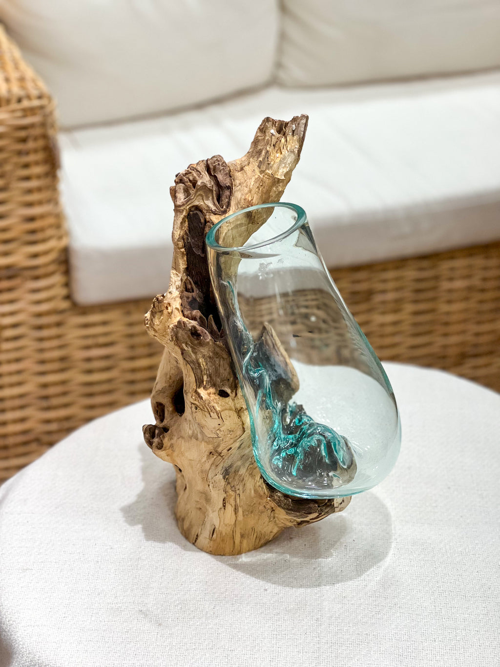 Handmade glass vase with natural wood accent