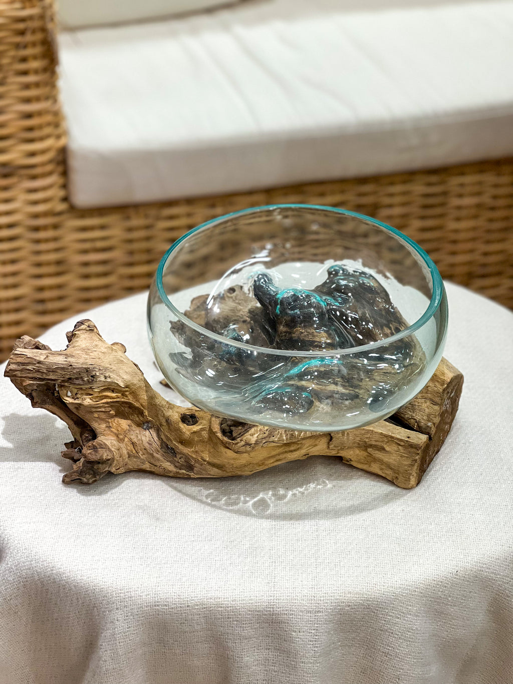 Handmade glass vase with natural wood accent