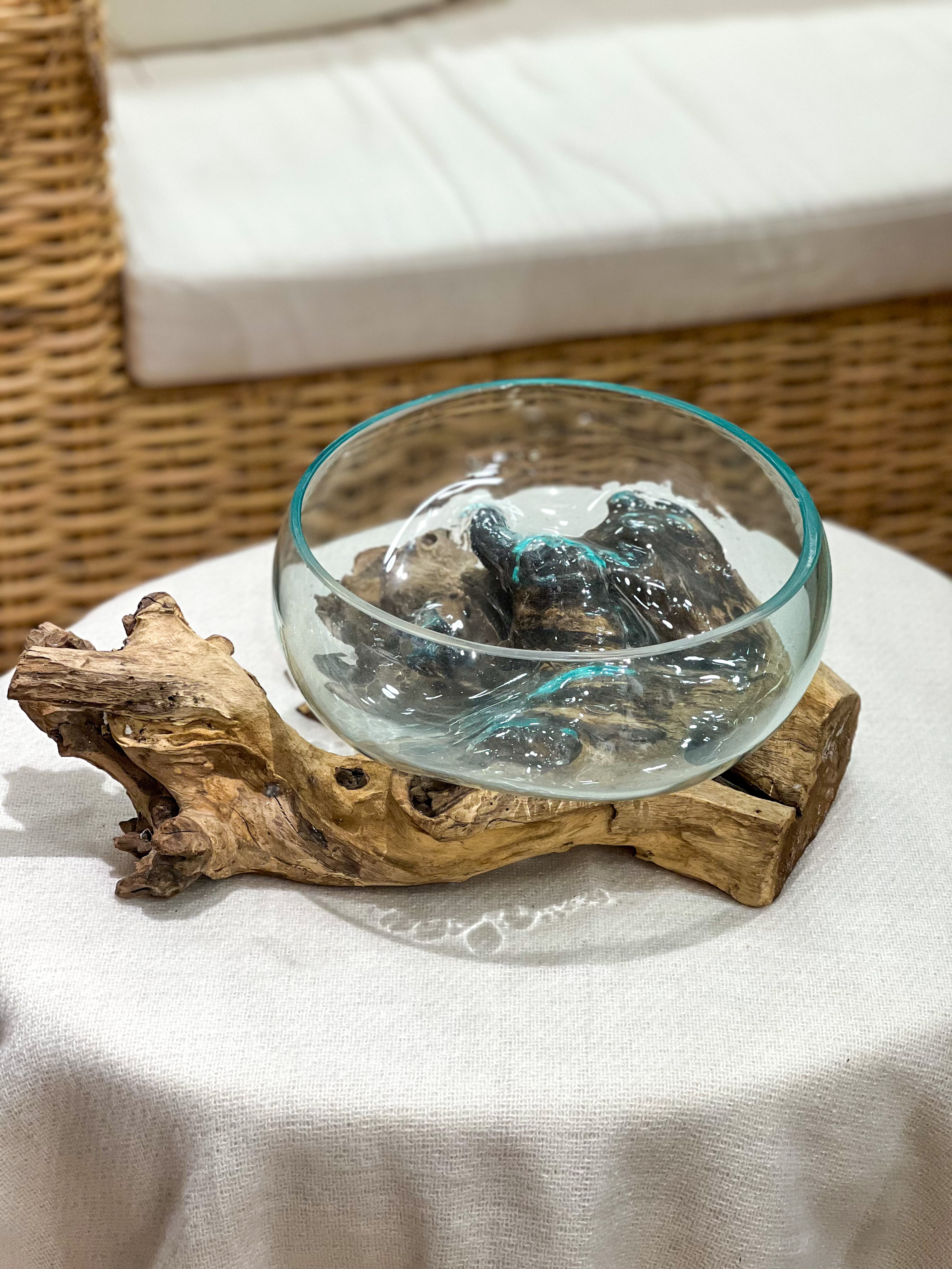 Handmade glass vase with natural wood accent