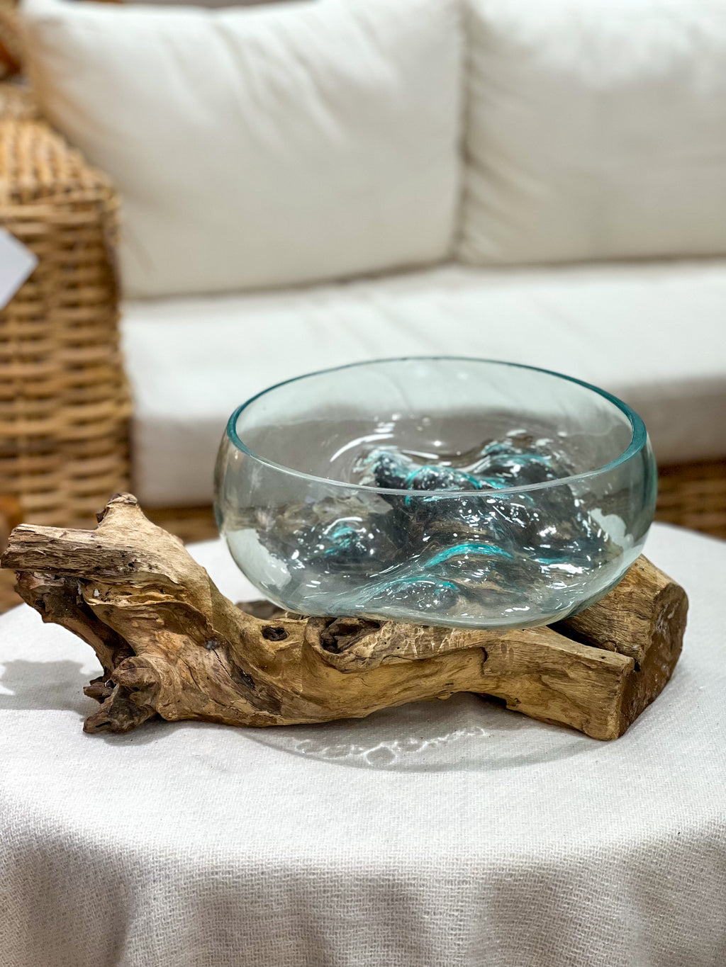 Handmade glass vase with natural wood accent