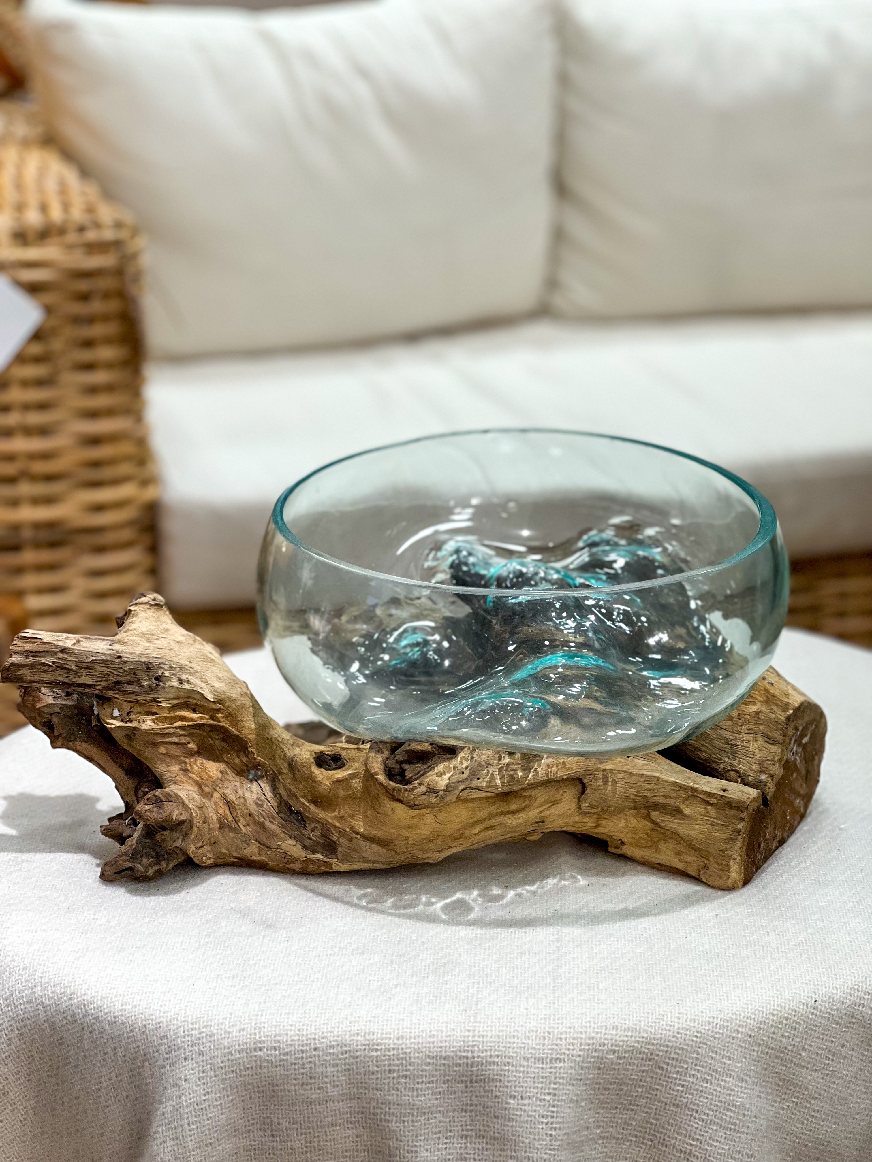 Handmade glass vase with natural wood accent