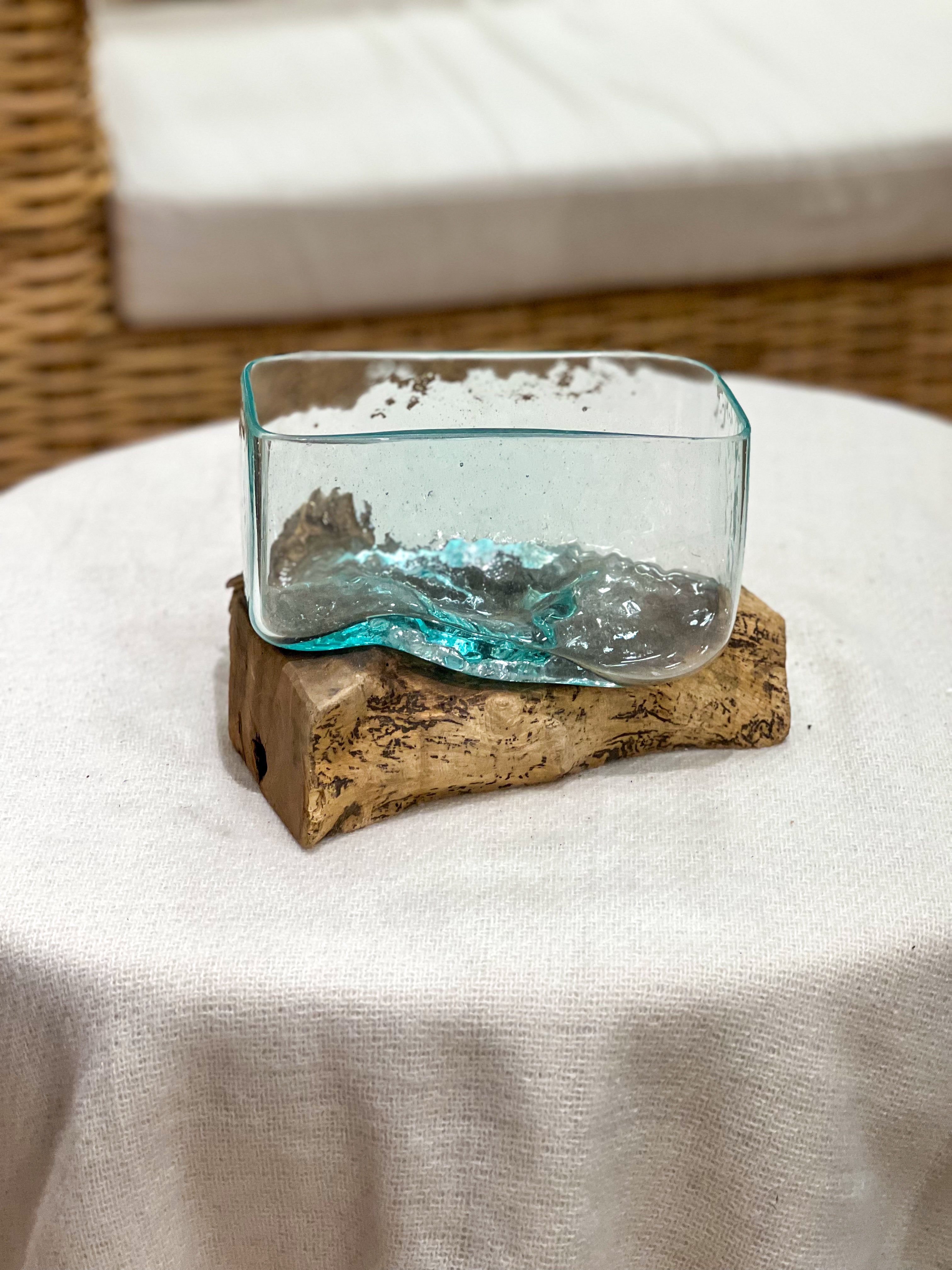 Handmade glass vase with natural wood accent