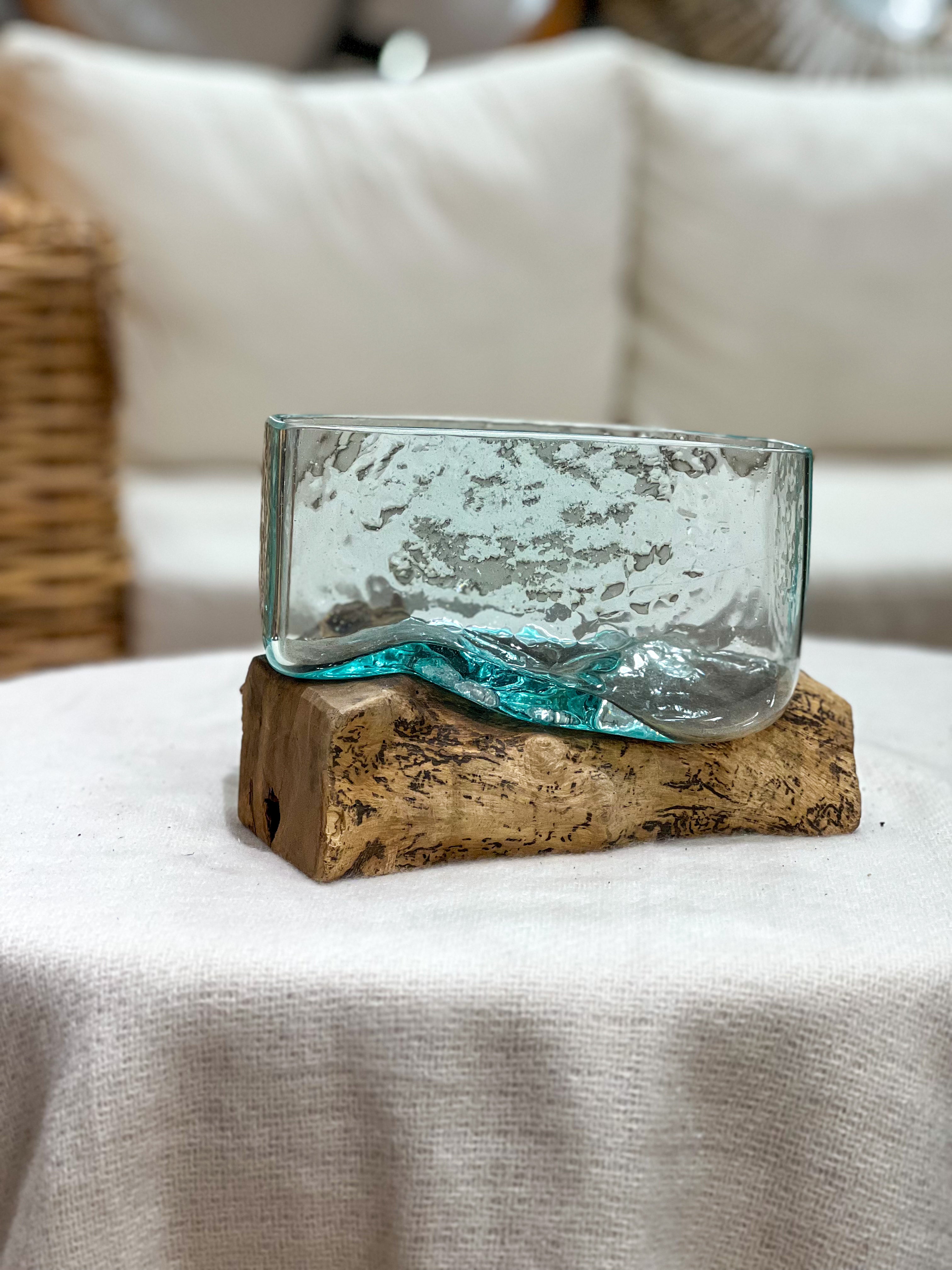 Handmade glass vase with natural wood accent
