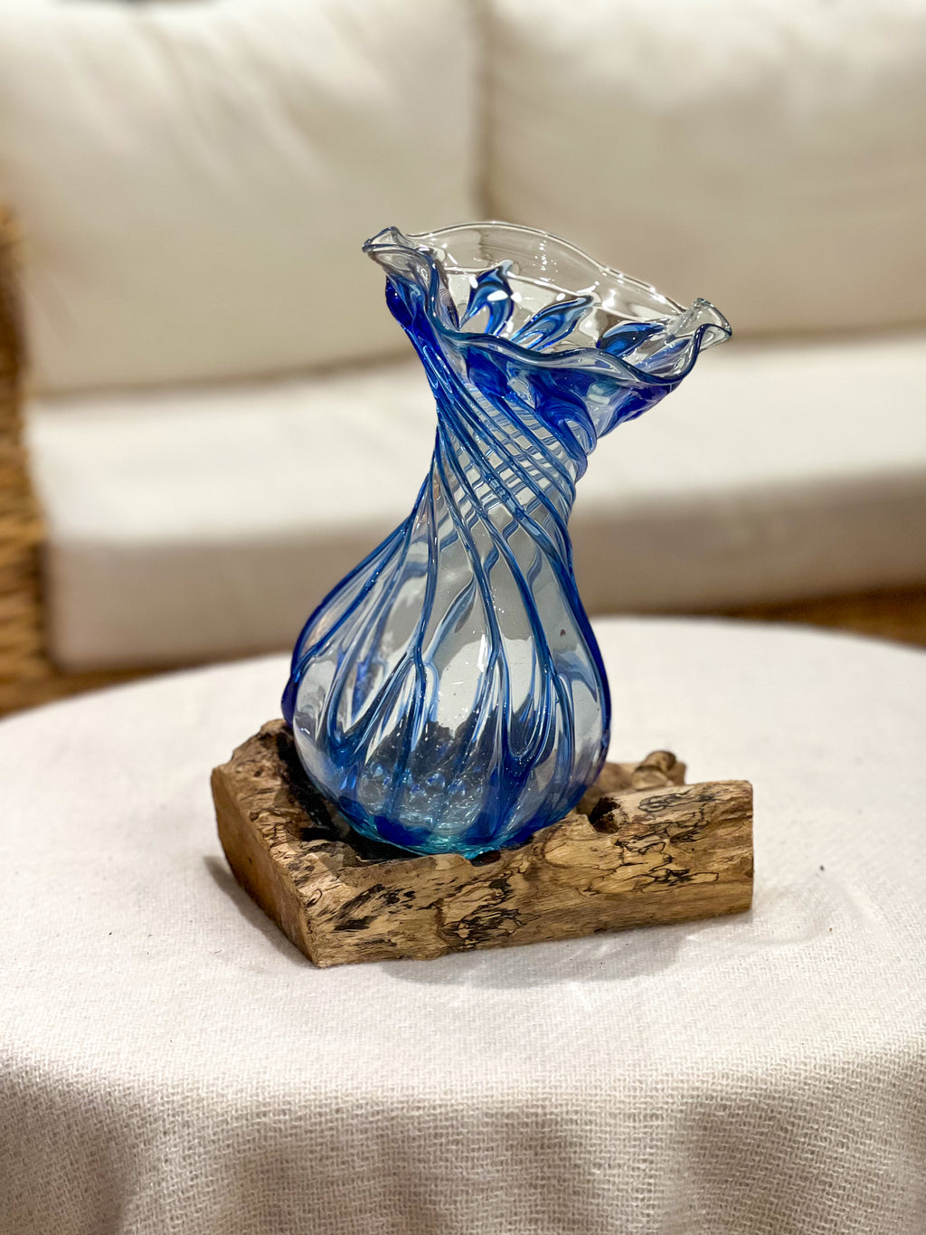 Glass vase with natural wood accent