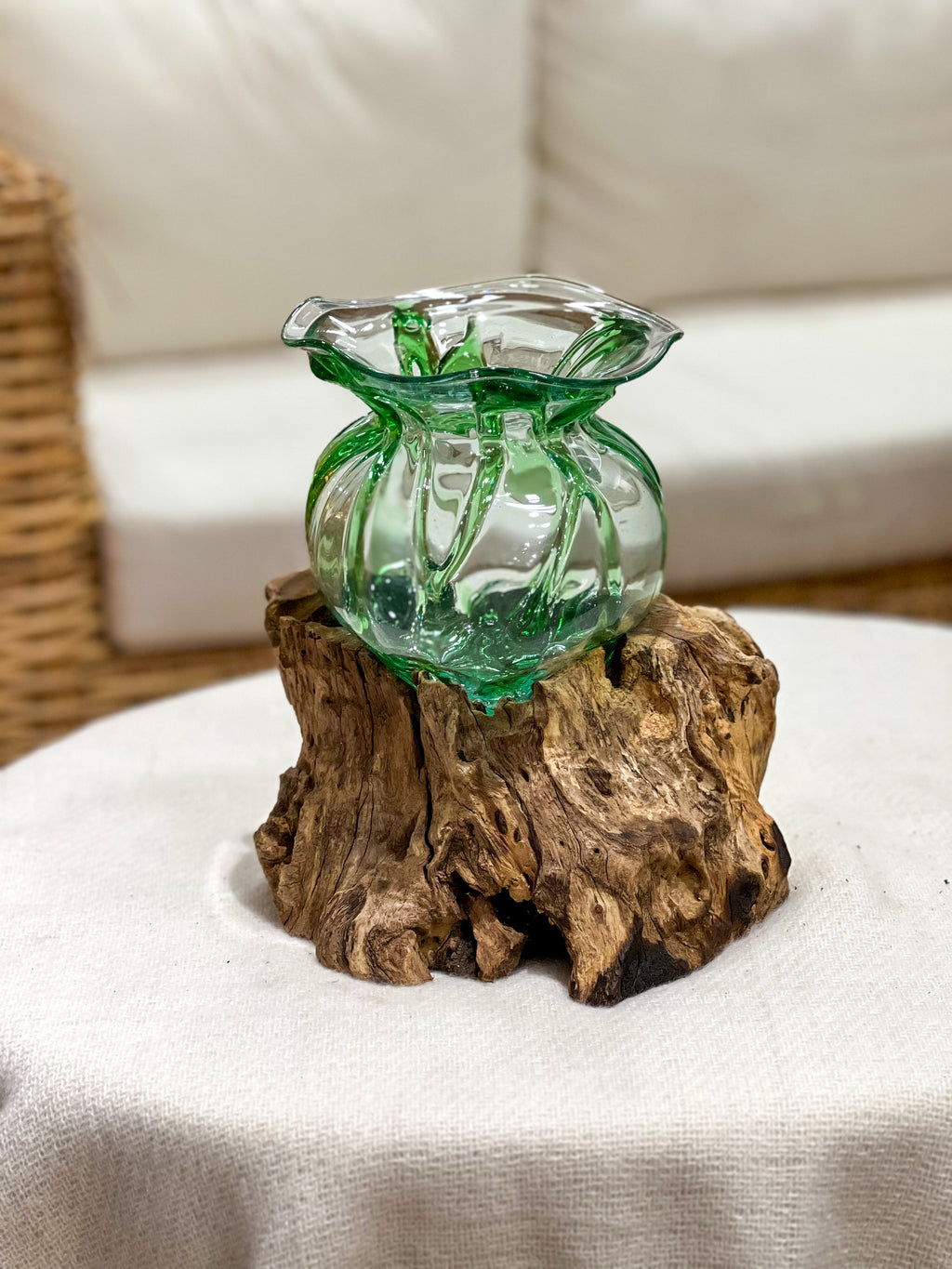 Glass vase with natural wood accent