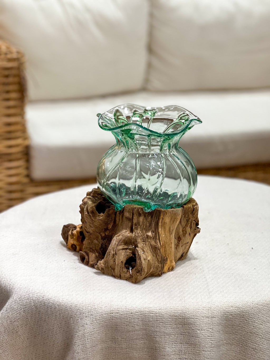 Glass vase with natural wood accent