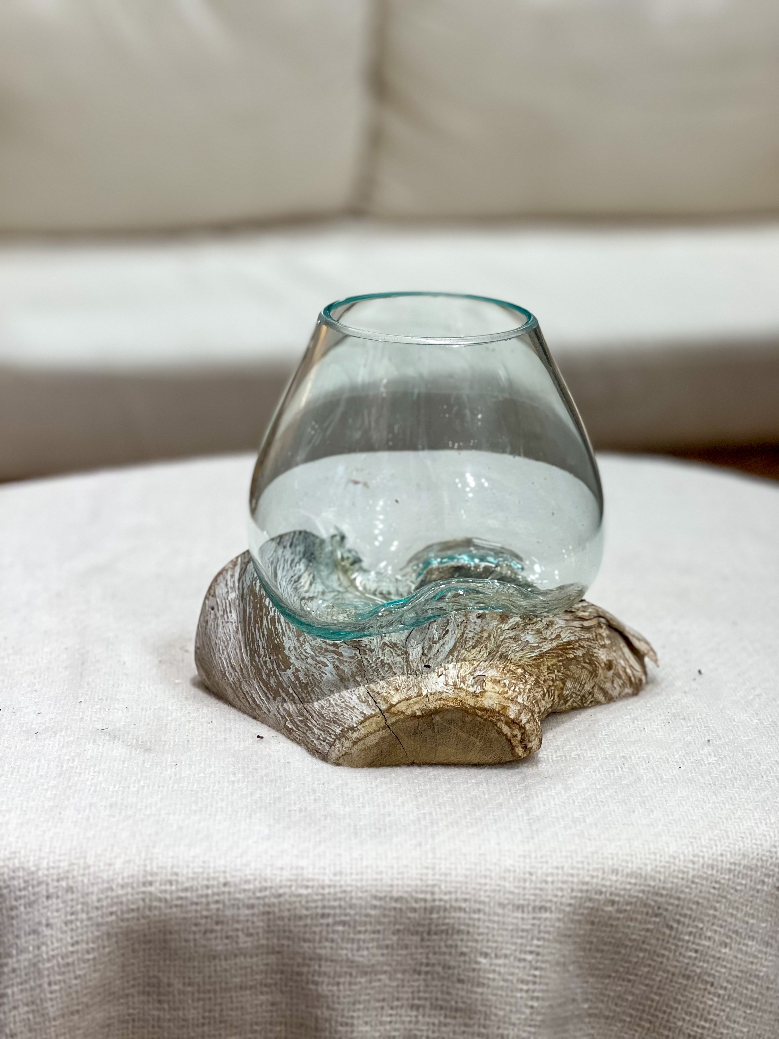 Glass vase with natural wood accent
