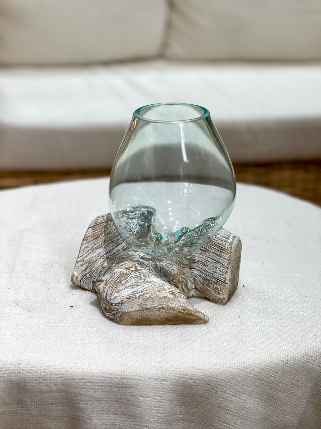 Glass vase with natural wood accent