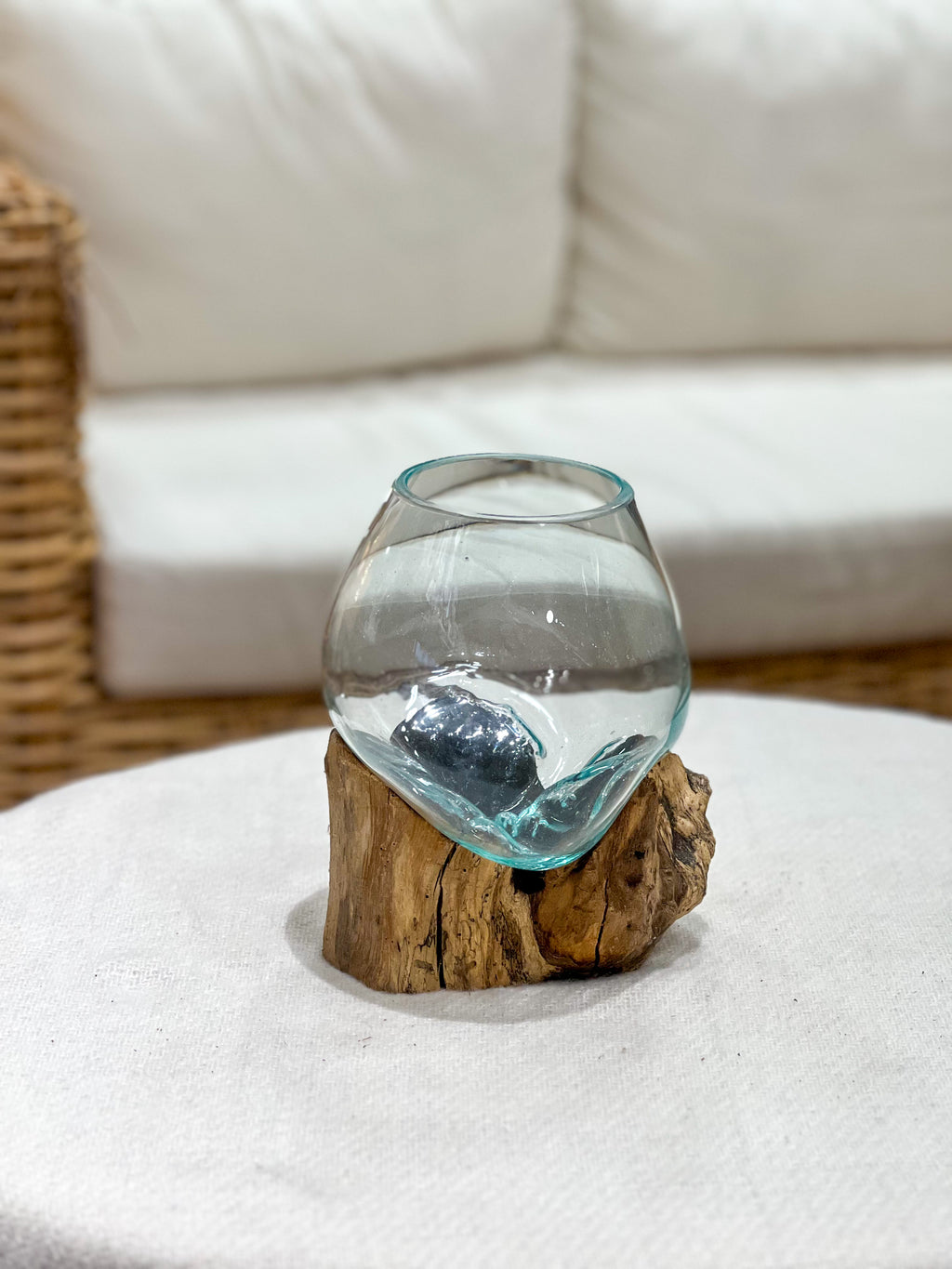 Glass vase with natural wood accent