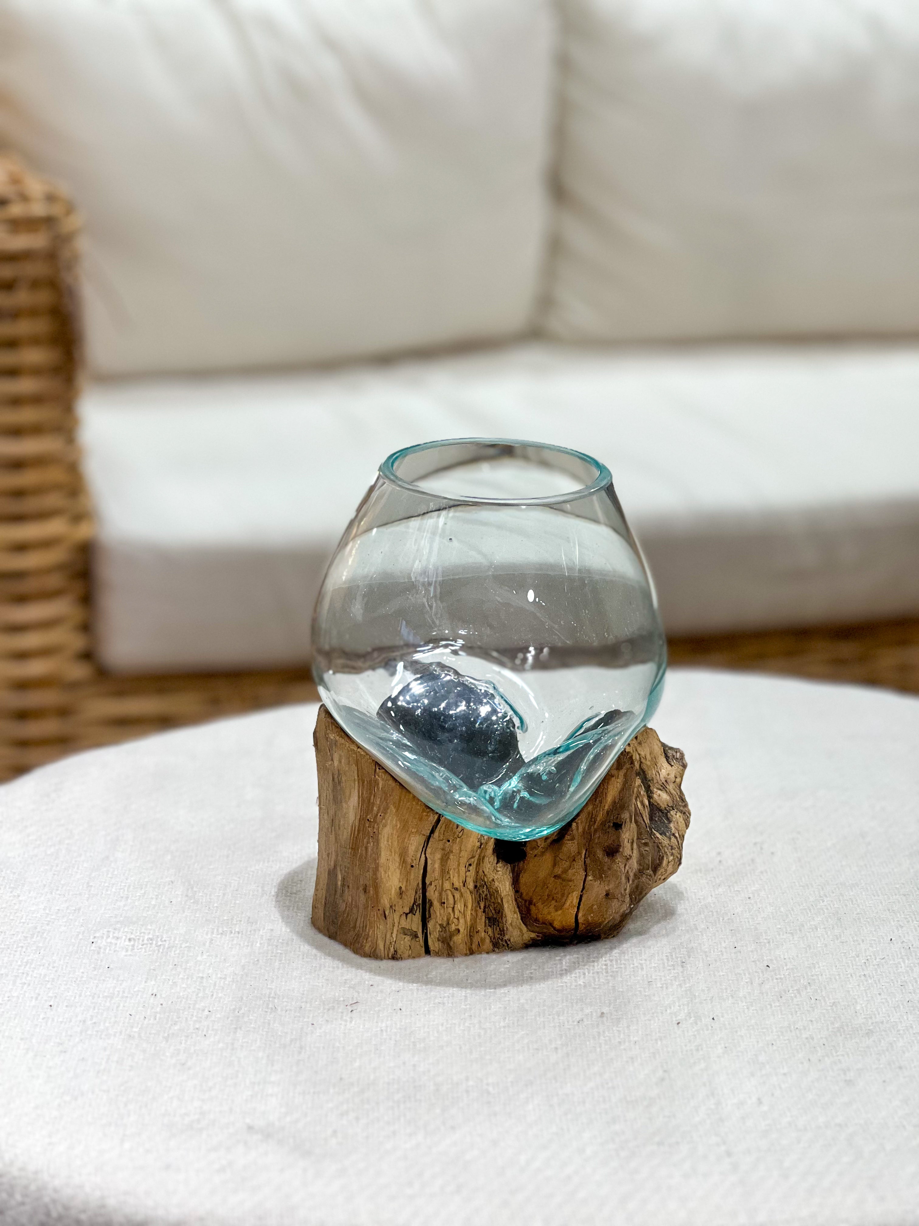 Glass vase with natural wood accent