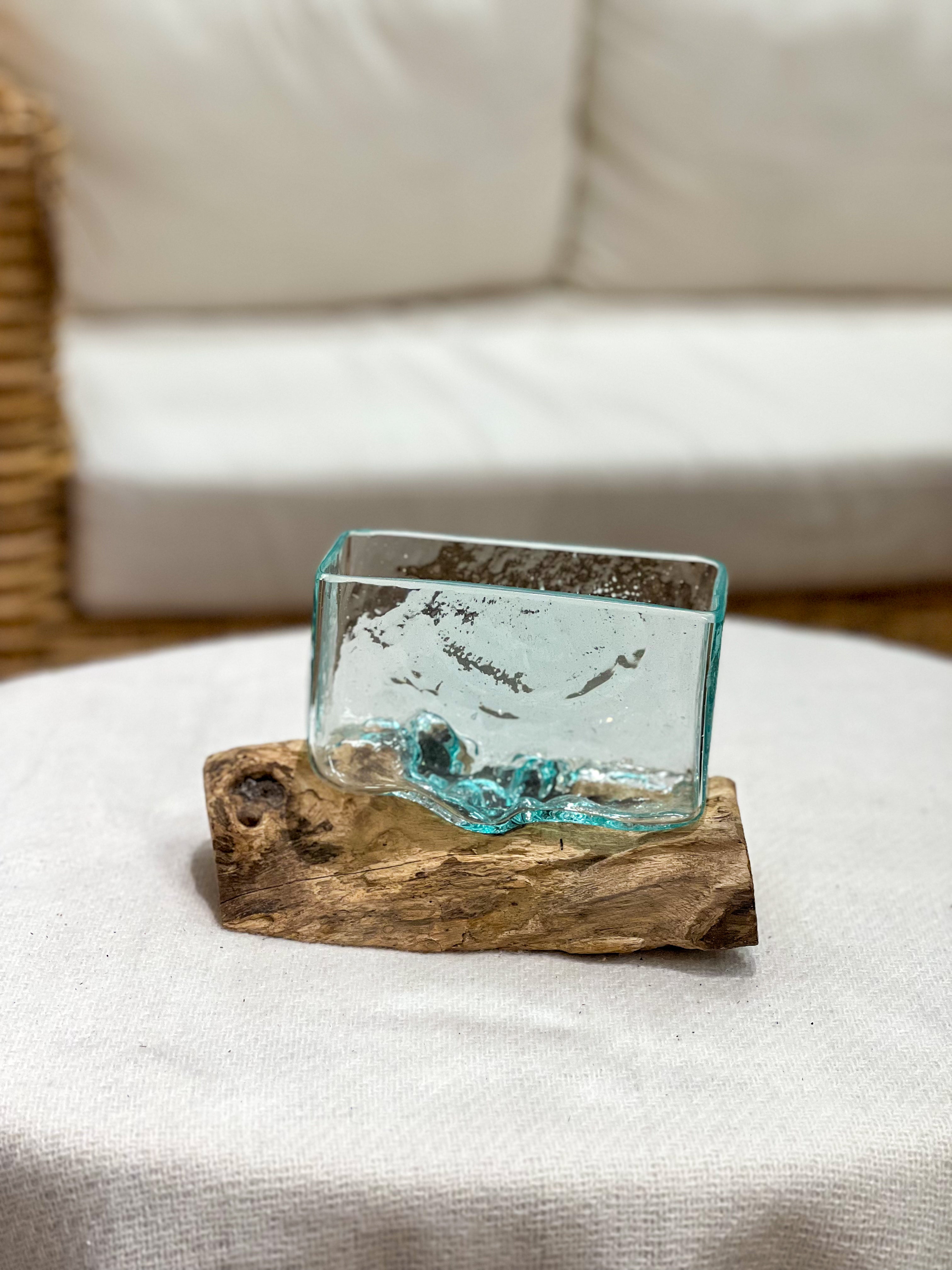 Handmade glass vase with natural wood accent