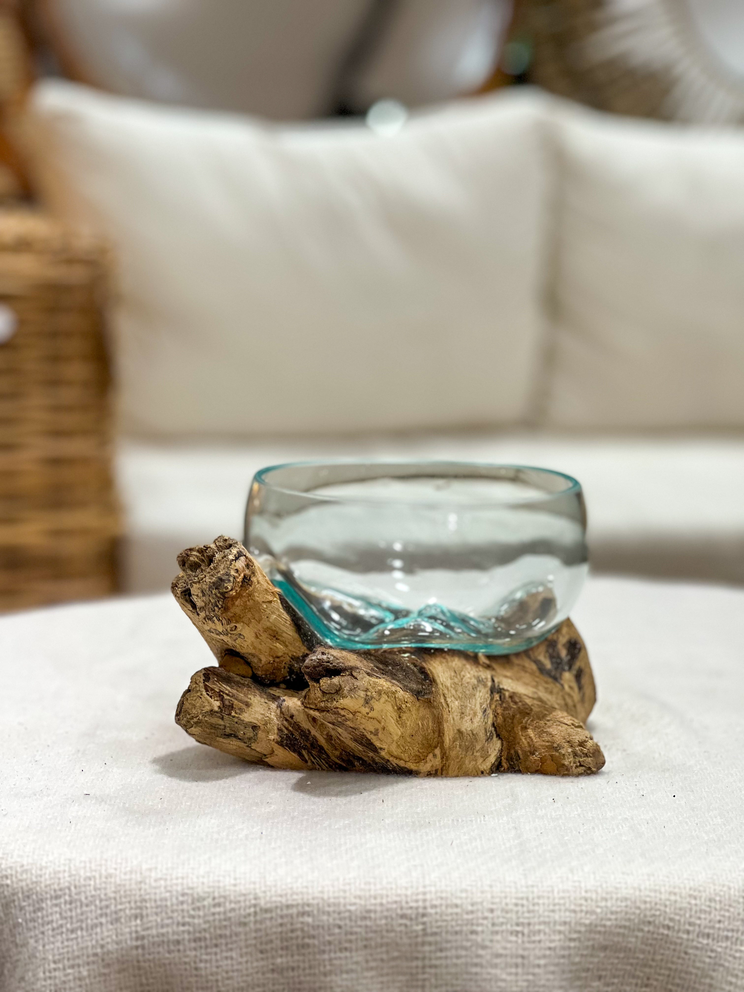 Handmade glass vase with natural wood accent