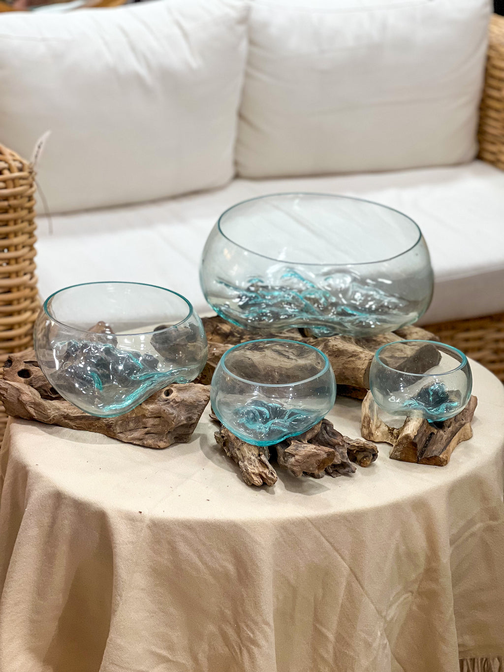 Handmade glass vase with natural wood accent