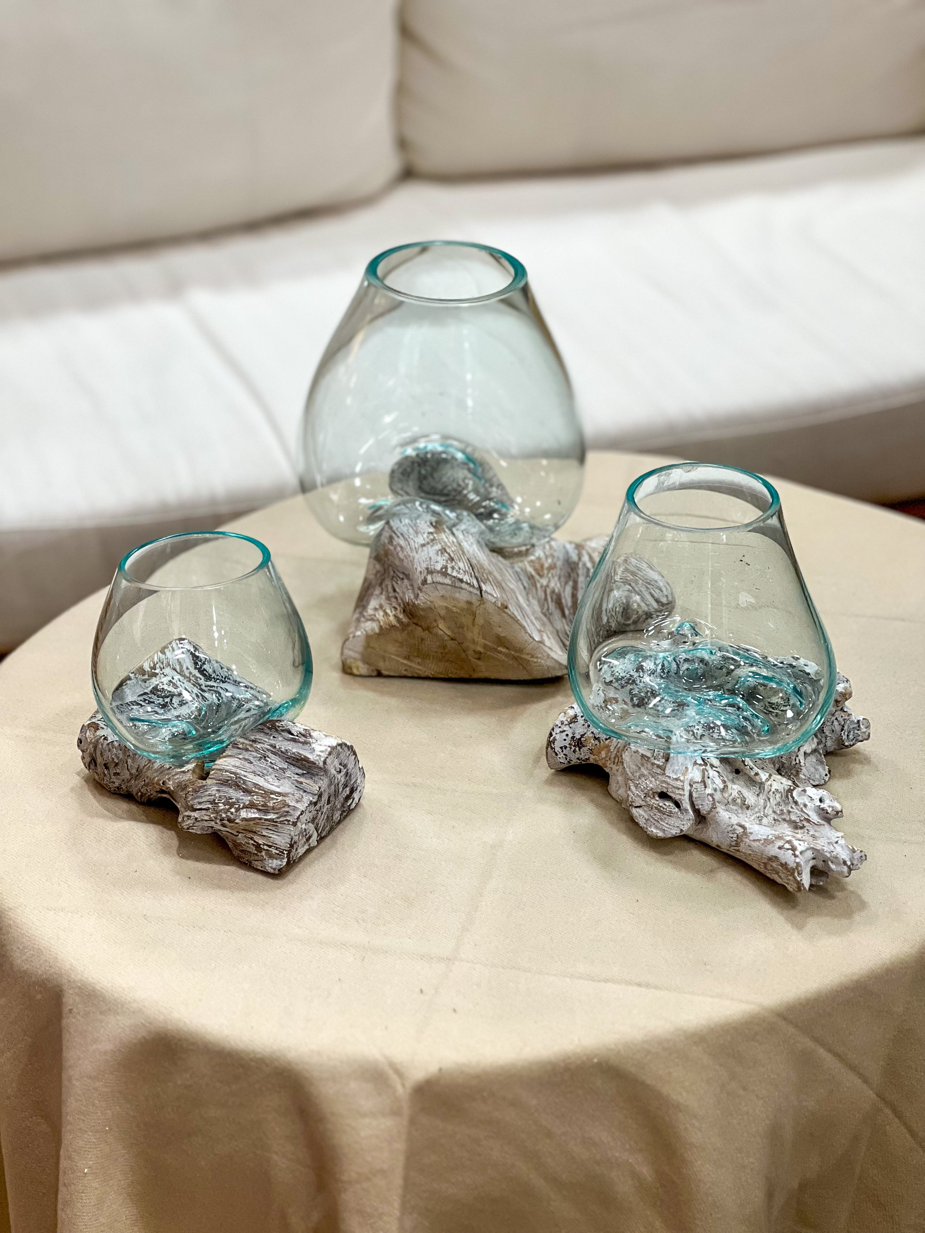 Glass vase with natural wood accent