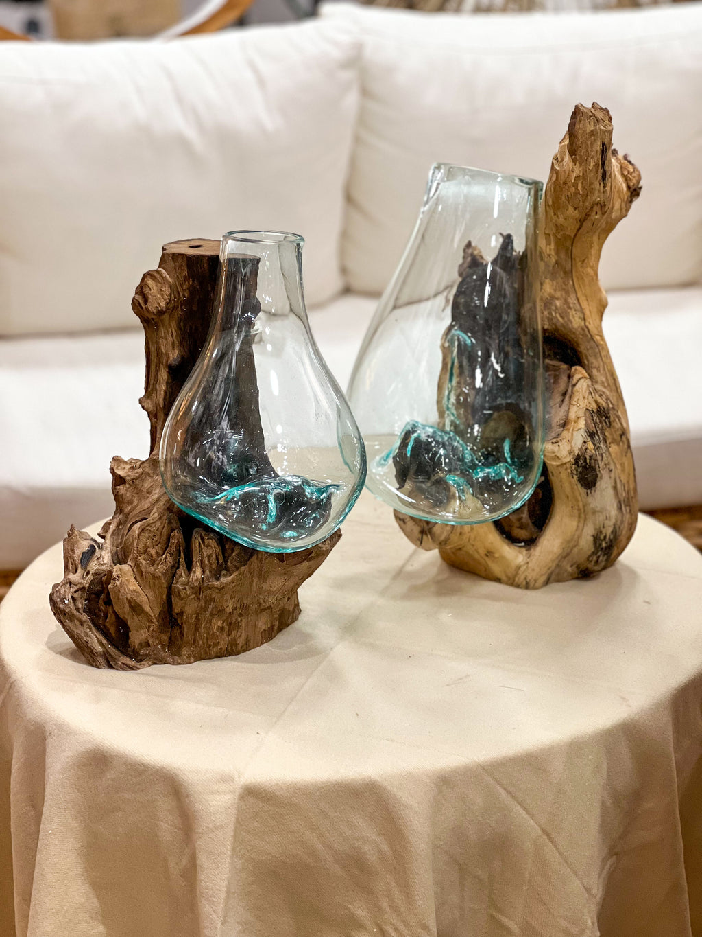 Handmade glass vase with natural wood accent