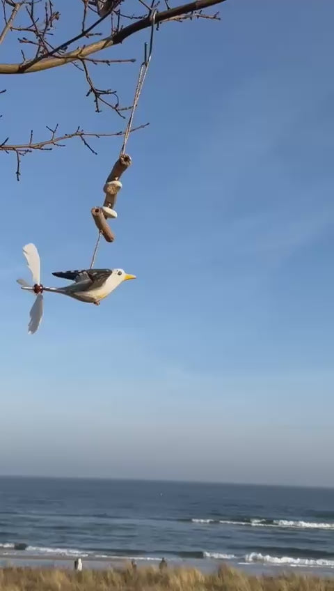 Wind chime made of driftwood (White and grey gull)