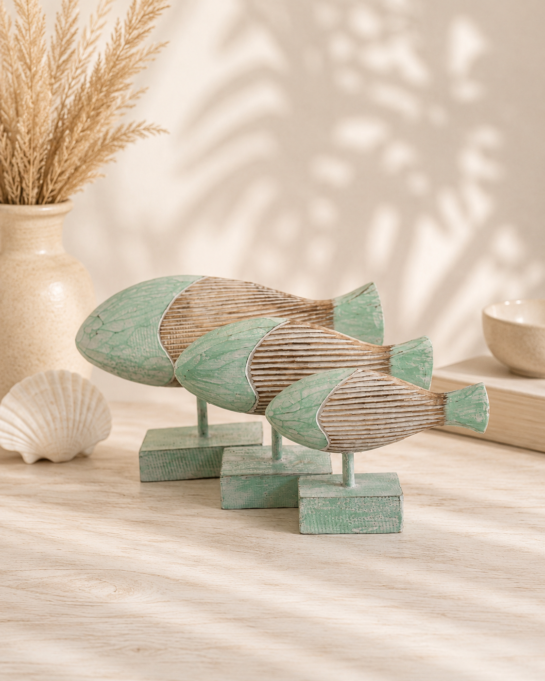 Dekorative Fischfiguren – Handgefertigtes 3er-Set aus Holz | Maritime Deko | Türkis
