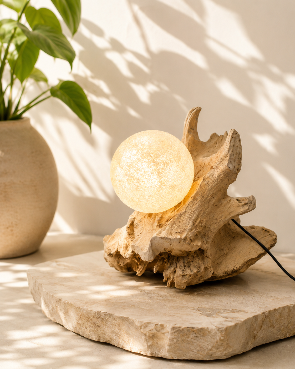 Handgefertigte Teakholz-Tischlampe mit geflochtenem Lampenschirm