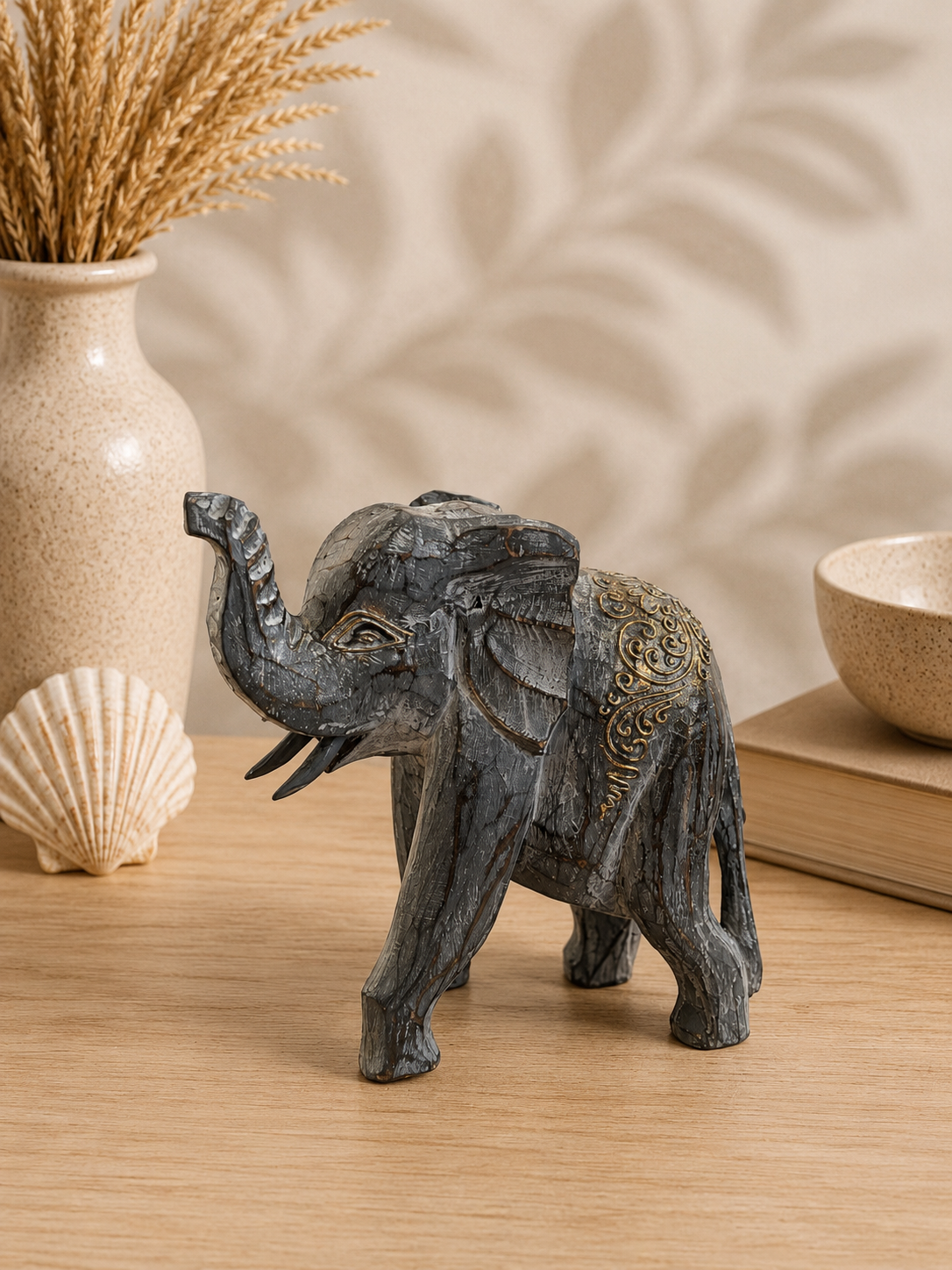 Handgefertigte Elefantenfigur aus Holz | Grau