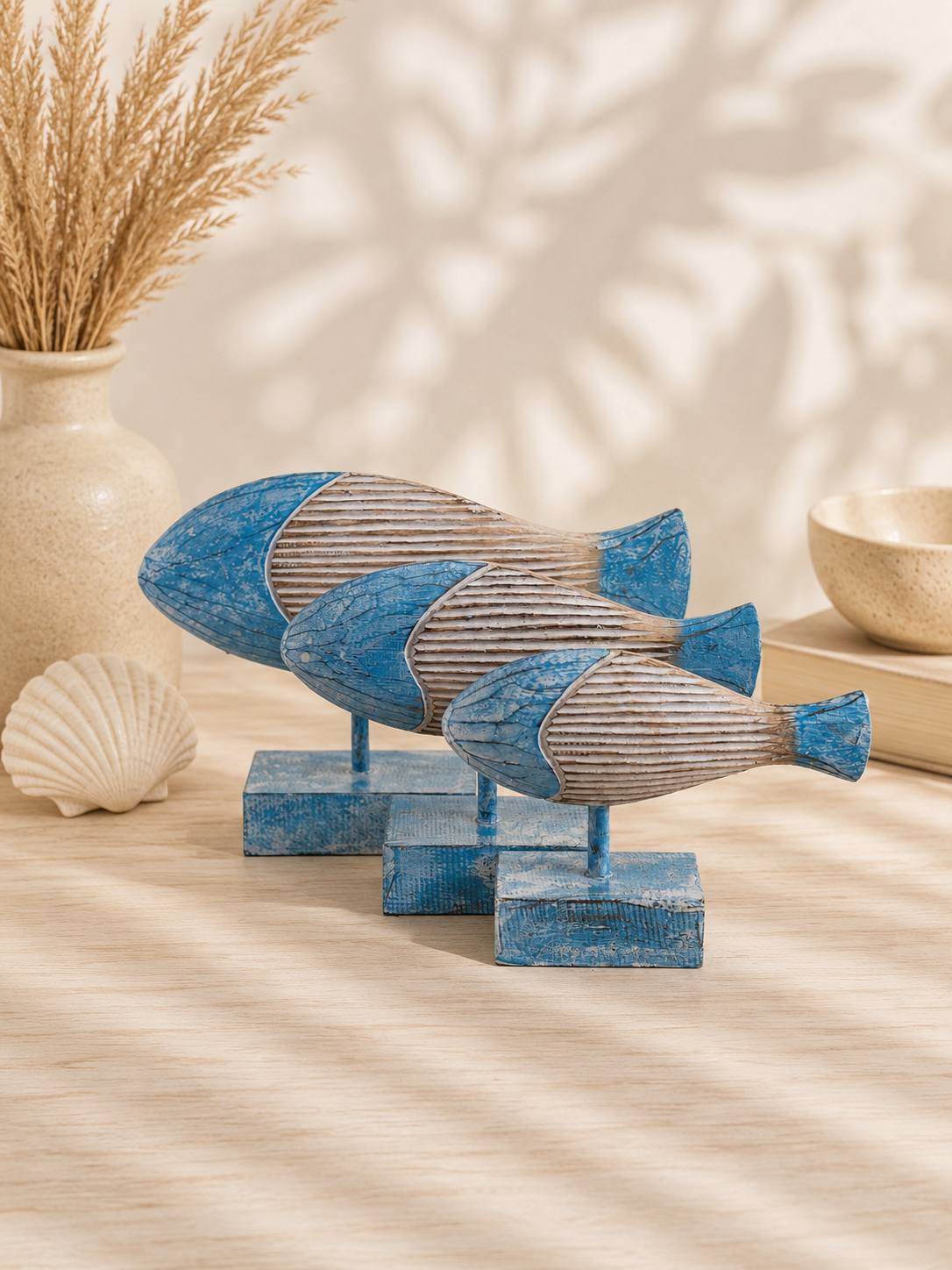 Dekorative Fischfiguren – Handgefertigtes 3er-Set aus Holz | Maritime Deko | Hellblau