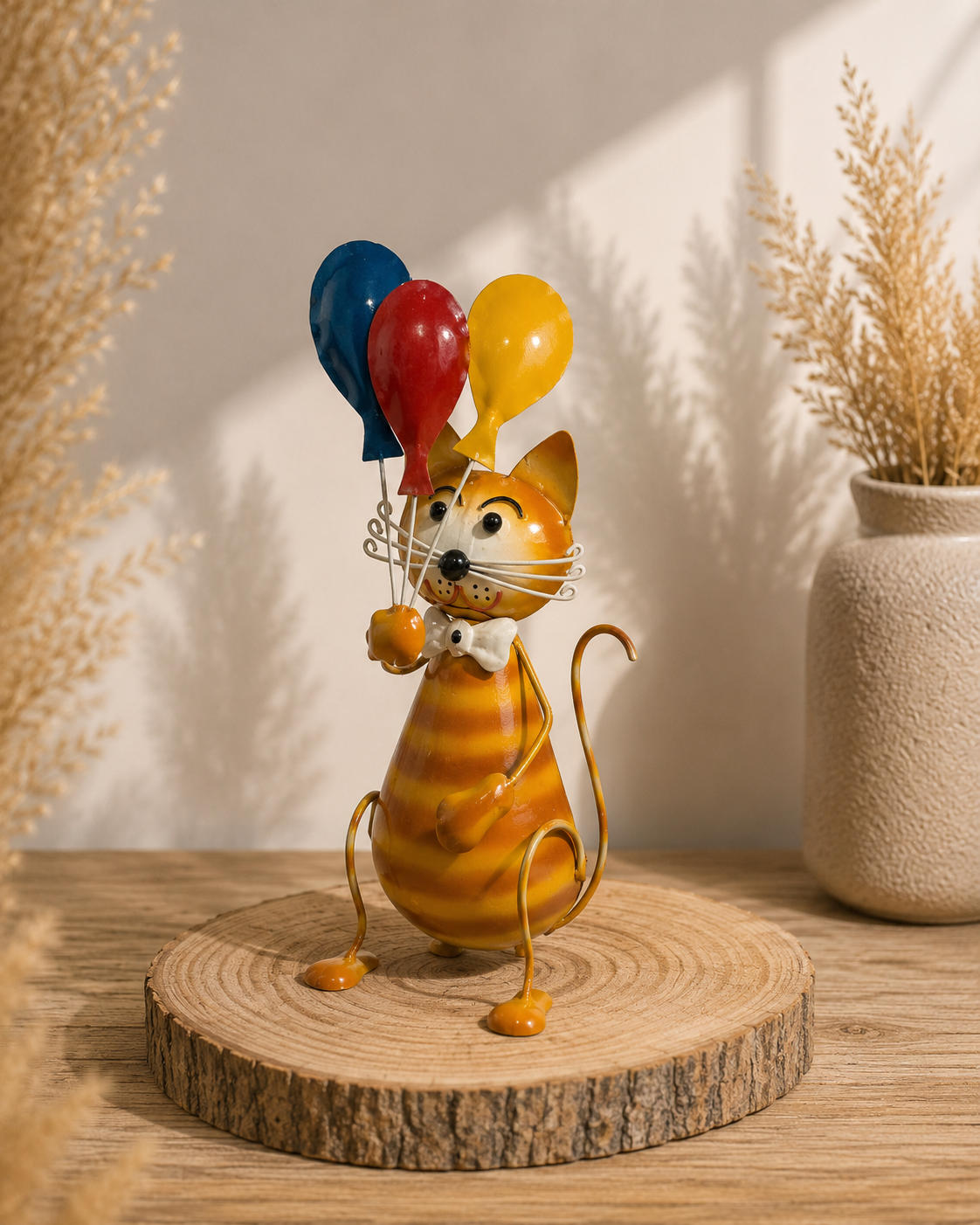 Metall-Katze mit Ballons - Handbemalte Dekoration
