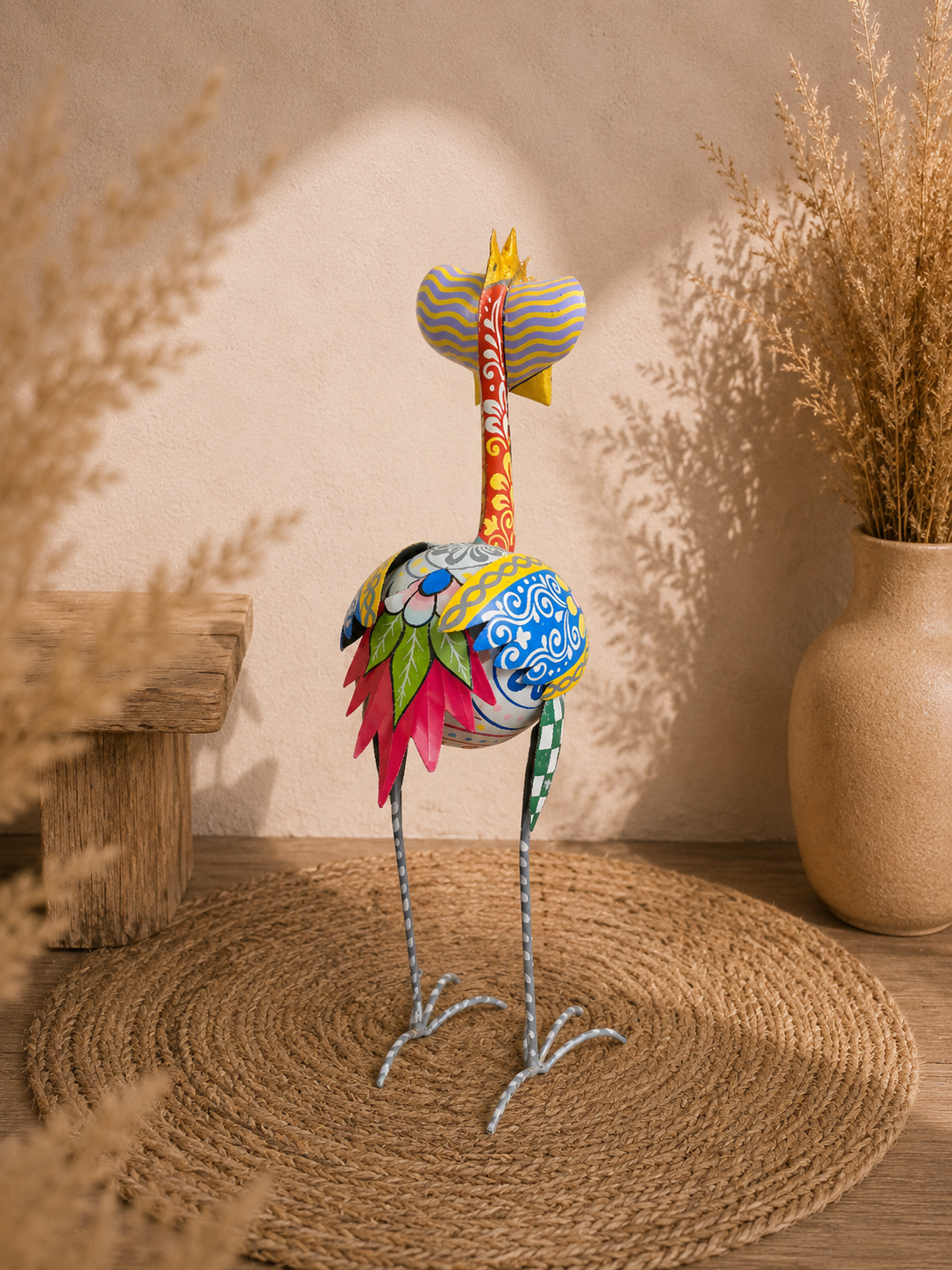 Strauß-Design aus handbemaltem Metall🦩| 56 cm