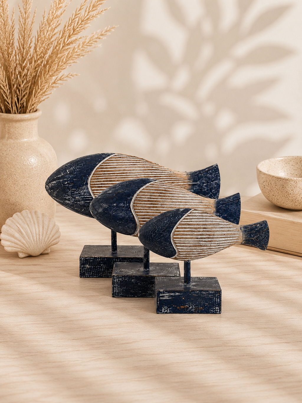 Dekorative Fischfiguren – Handgefertigtes 3er-Set aus Holz | Maritime Deko | Dunkelblau