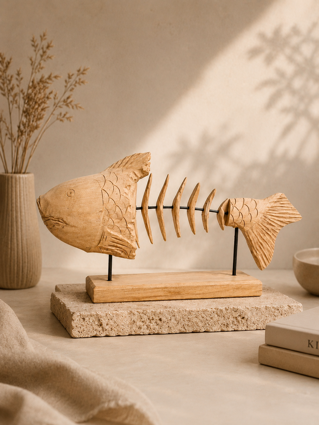 Handgefertigte Fisch-Skulptur aus massivem Teakholz