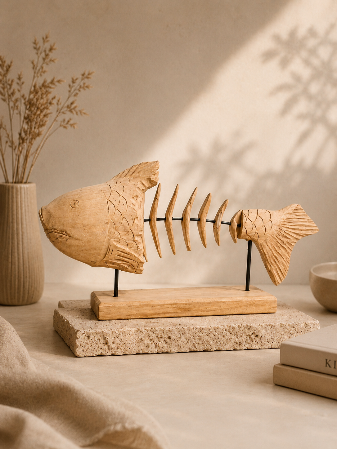 Handgefertigte Fisch-Skulptur aus massivem Teakholz