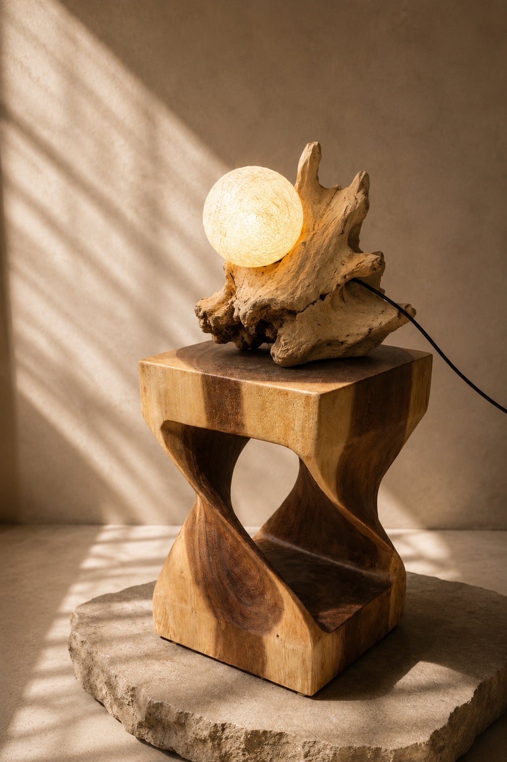 Handgefertigte Teakholz-Tischlampe mit geflochtenem Lampenschirm